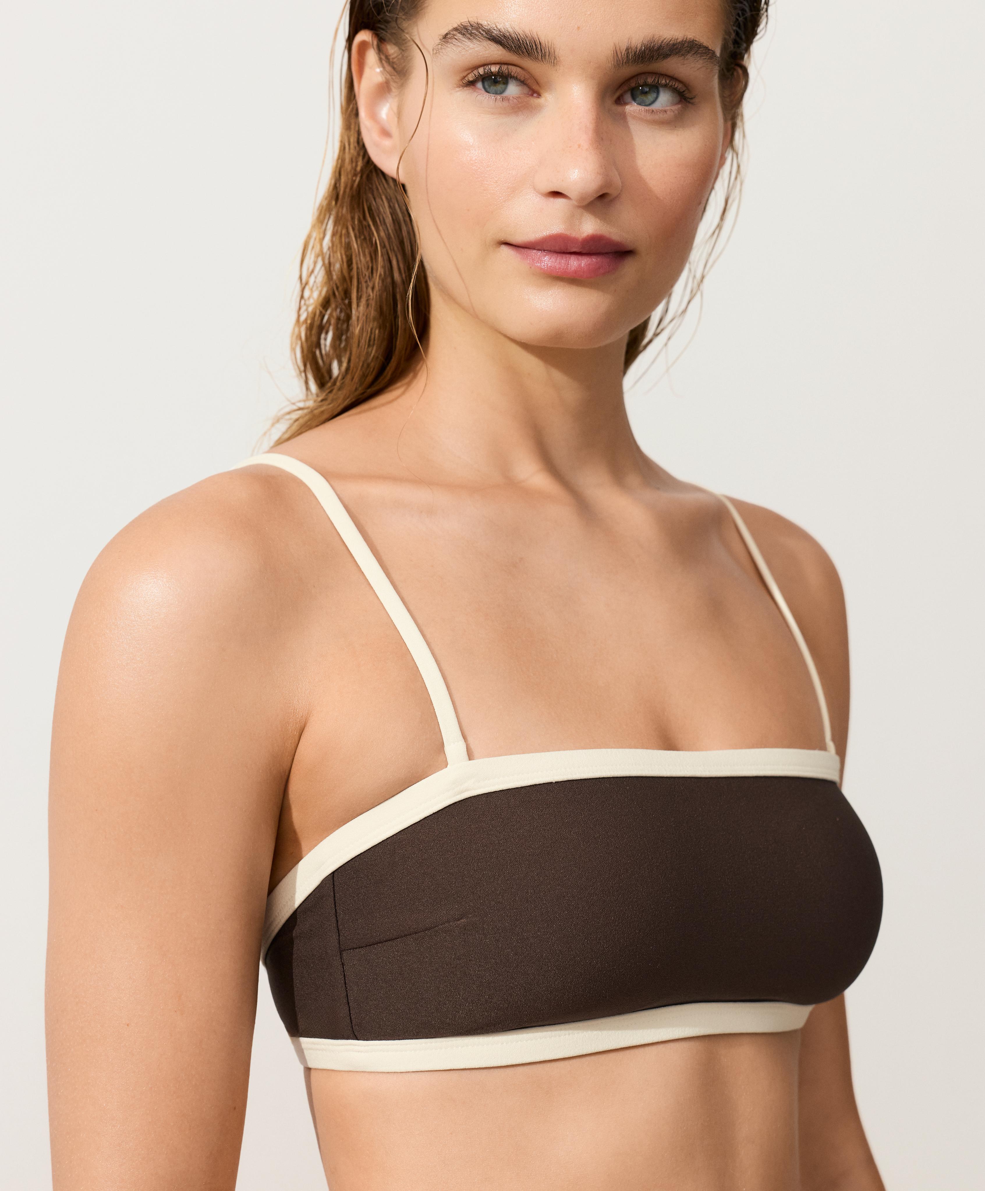 Contrast trim bandeau bikini — DARK BROWN