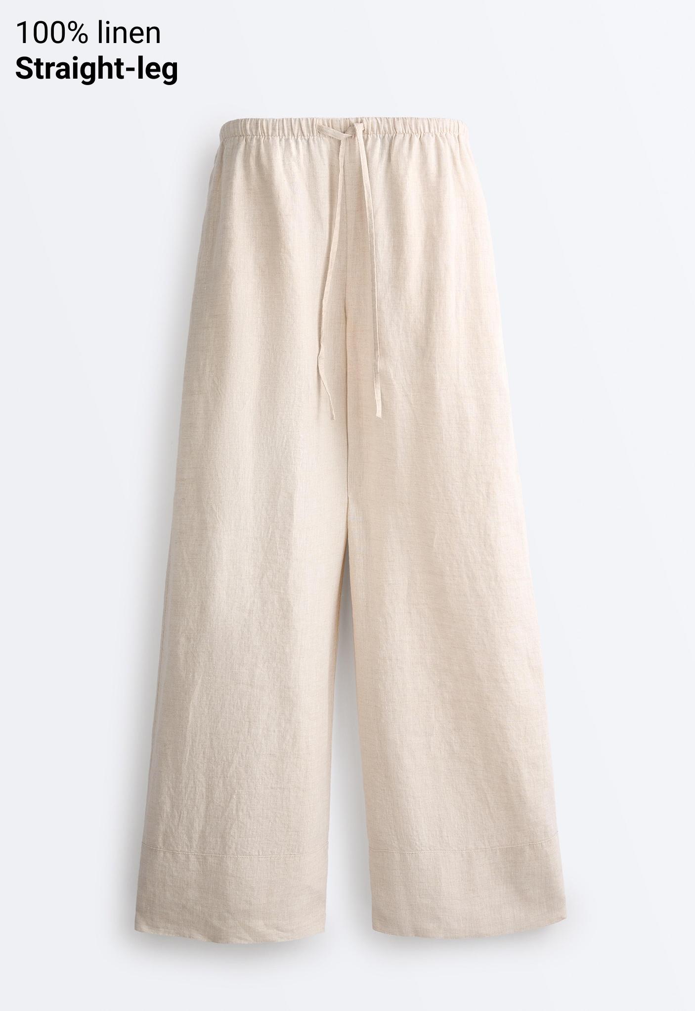 100% linen straight-leg trousers — SAND MELANGE