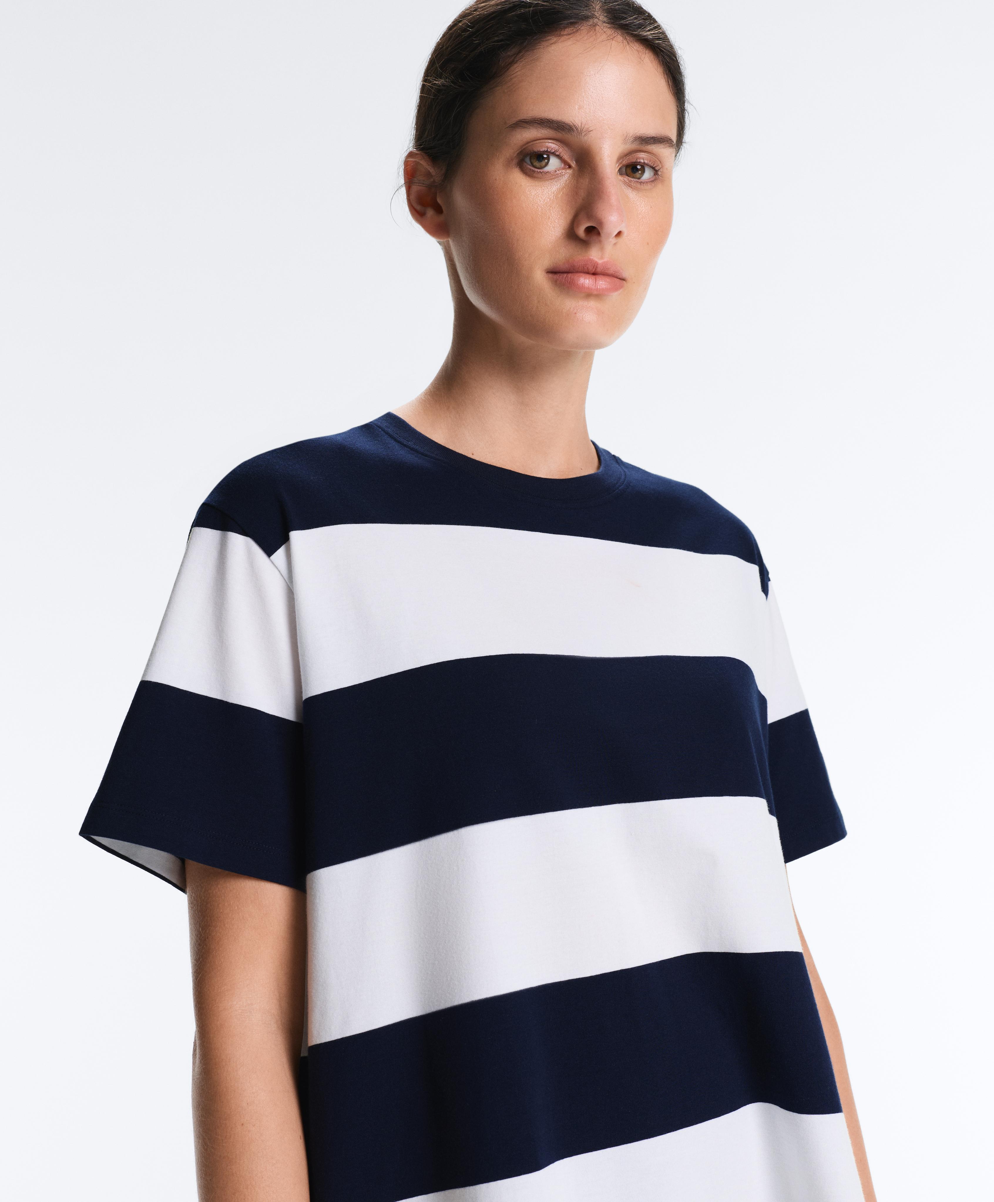 Boxy cotton-blend T-shirt with wide stripes — NAVY BLUE
