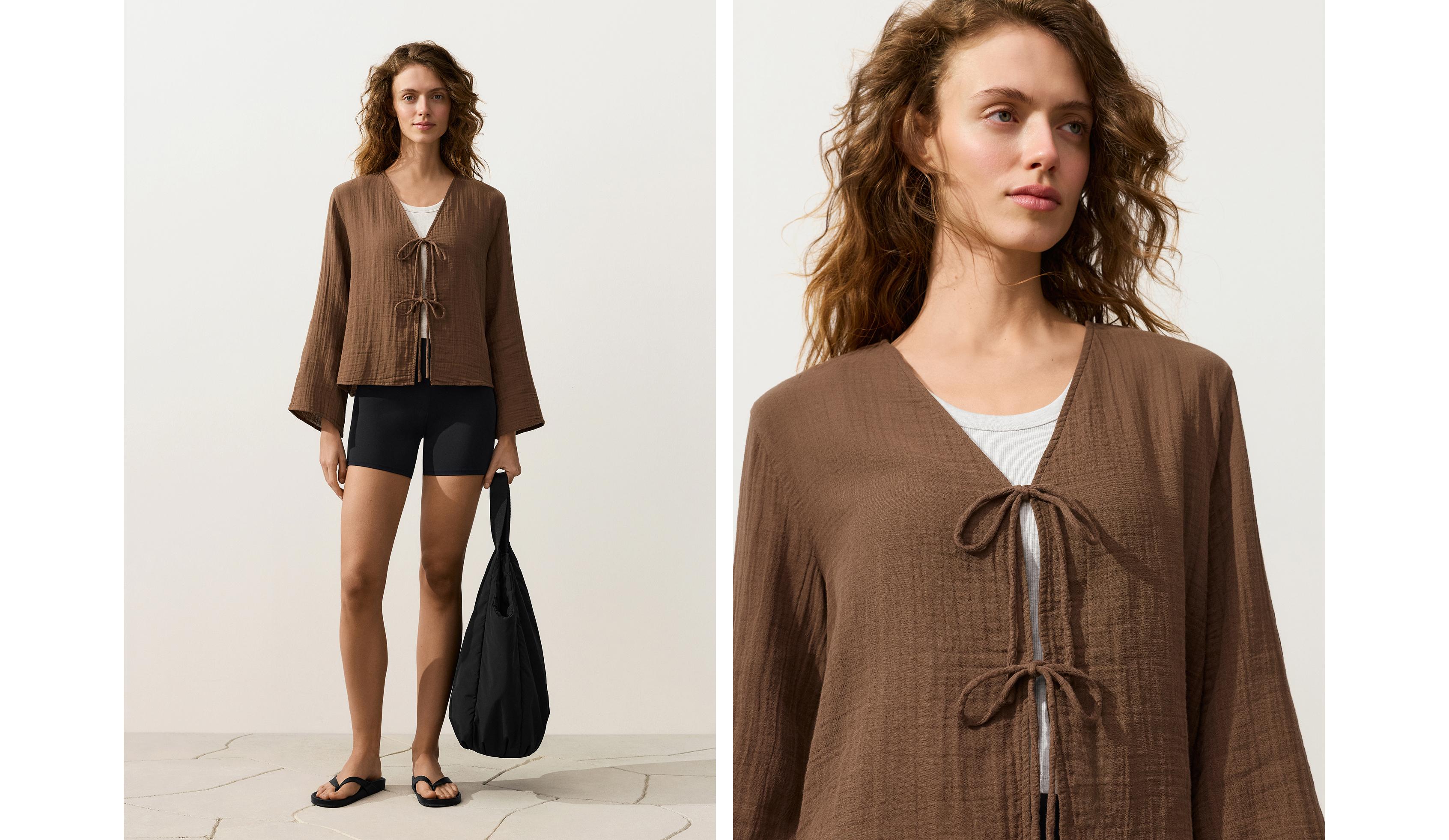 100% cotton gauze long-sleeved tie-front shirt — TAN