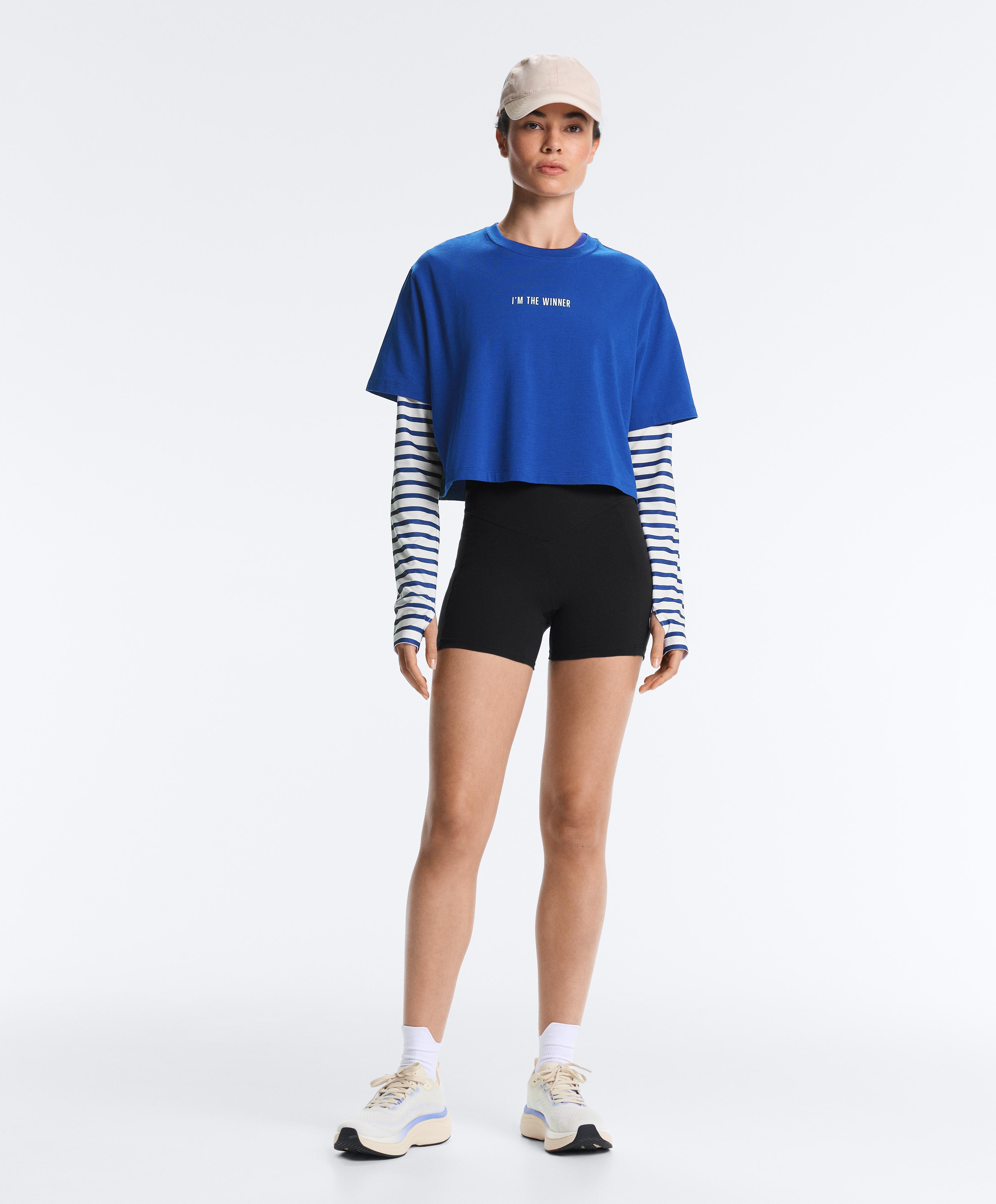Boxy cropped cotton blend slogan T-shirt — ELECTRIC BLUE