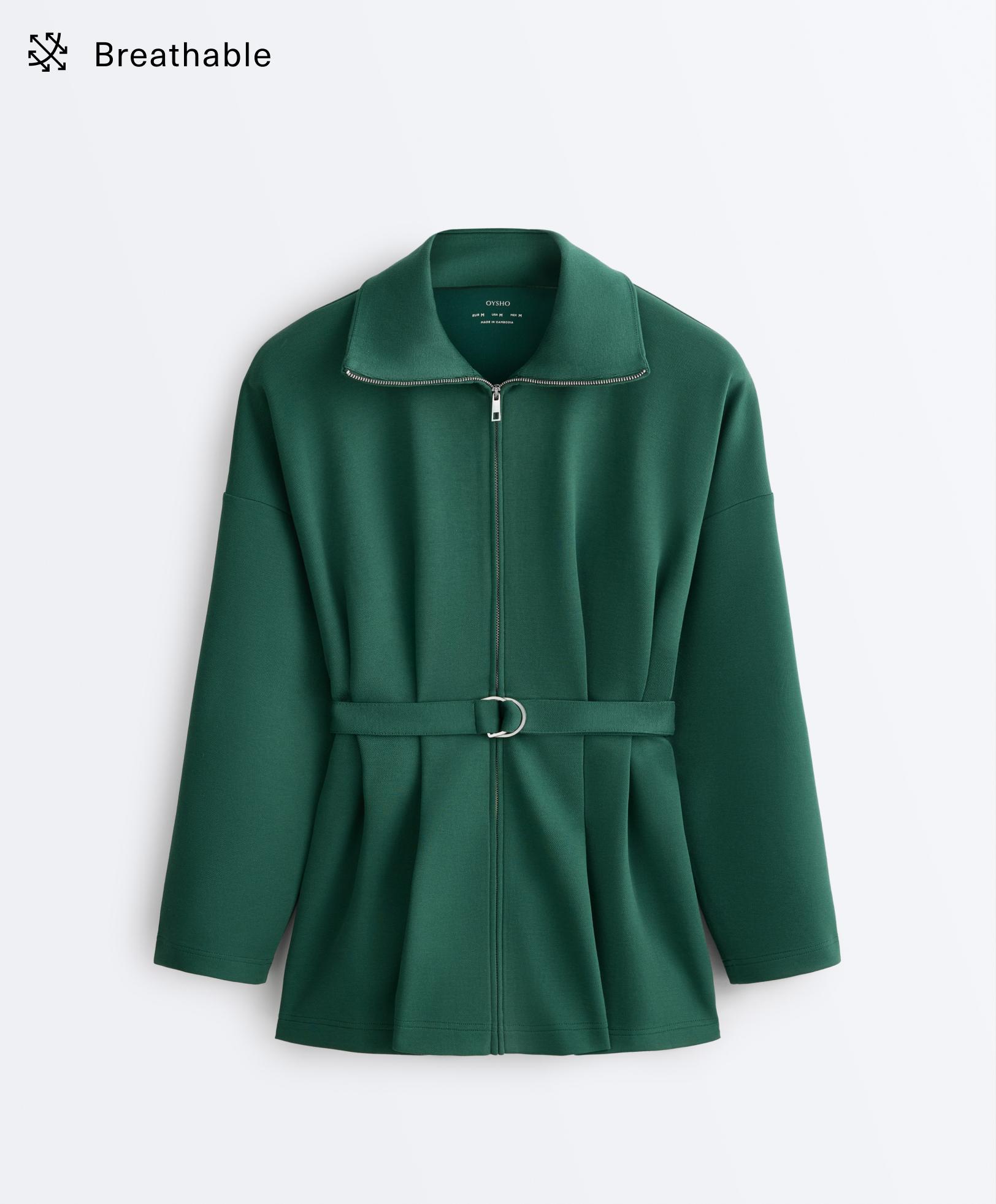 Long cotton piqué belted jacket — DARK EMERALD