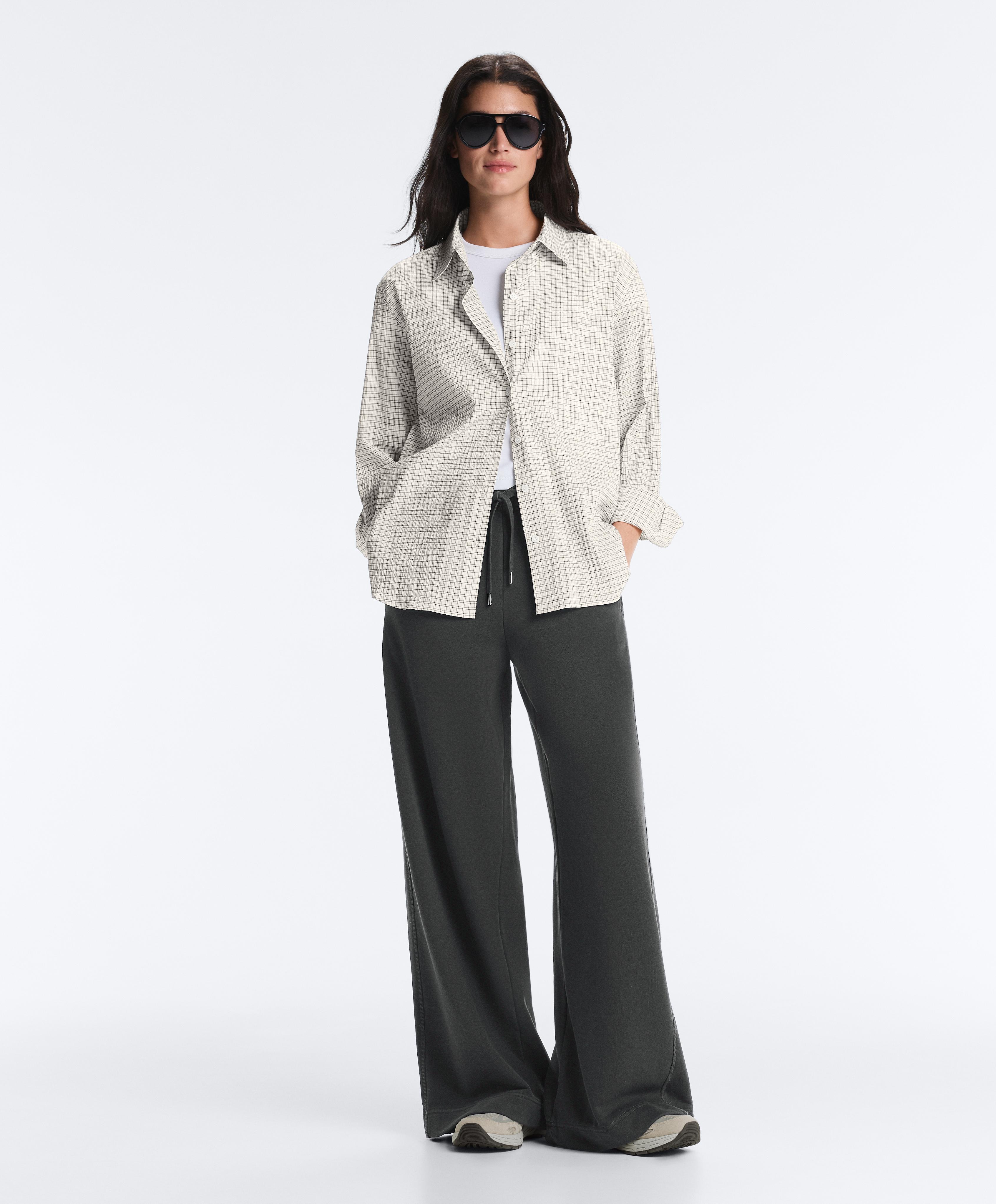 Cotton blend check long sleeve shirt — WHITE