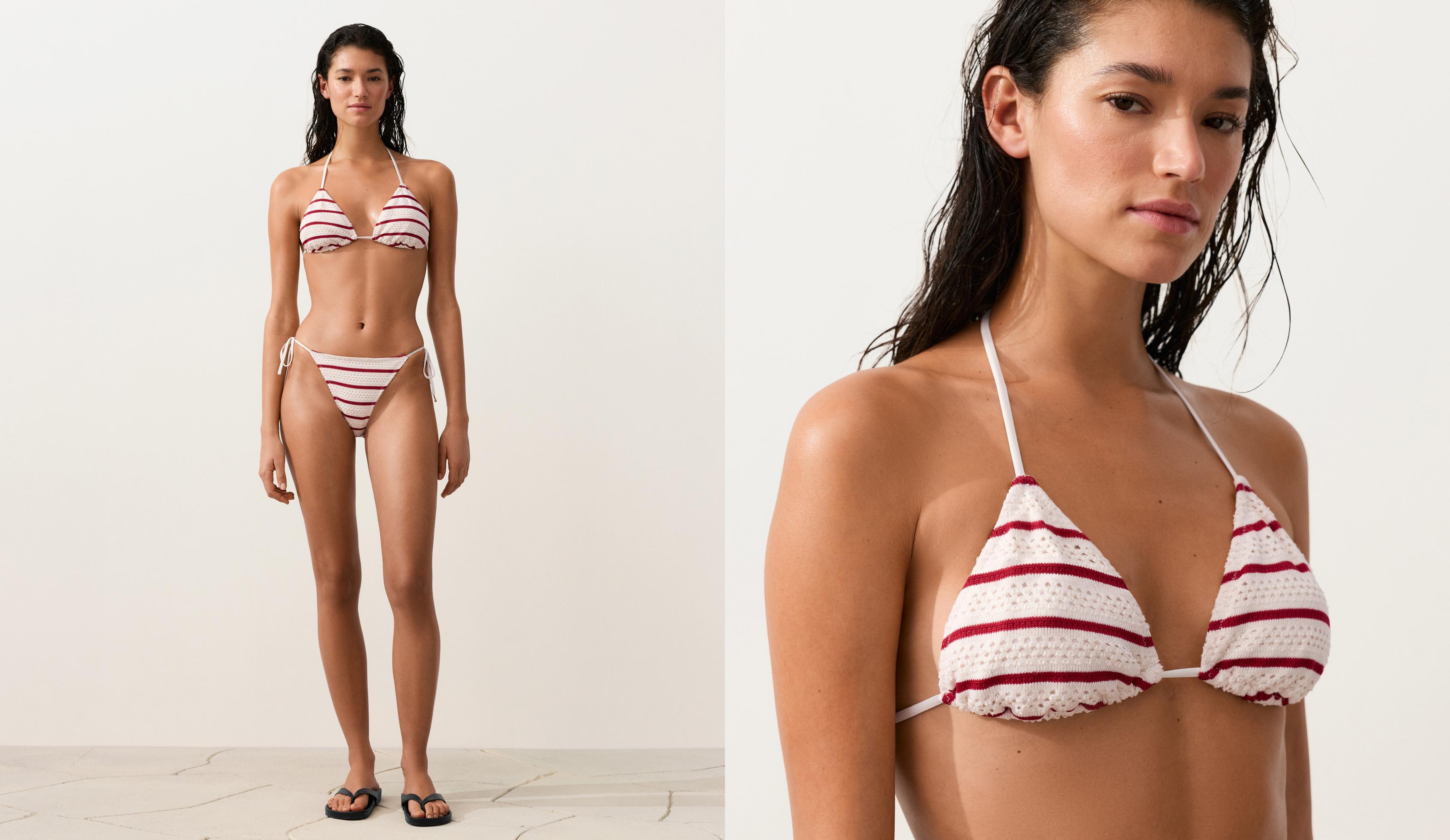 Crochet stripe triangle bikini top — ECRU