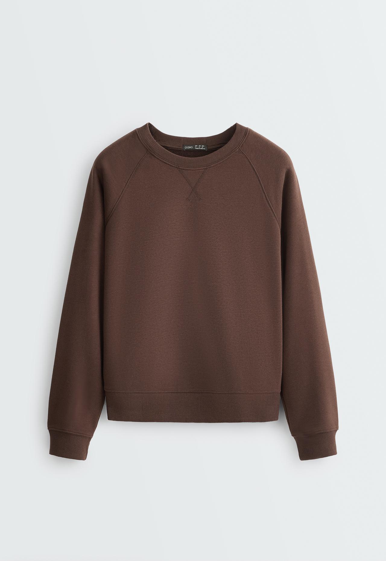 Cotton-blend crew neck sweatshirt — DARK REDDISH‑BROWN