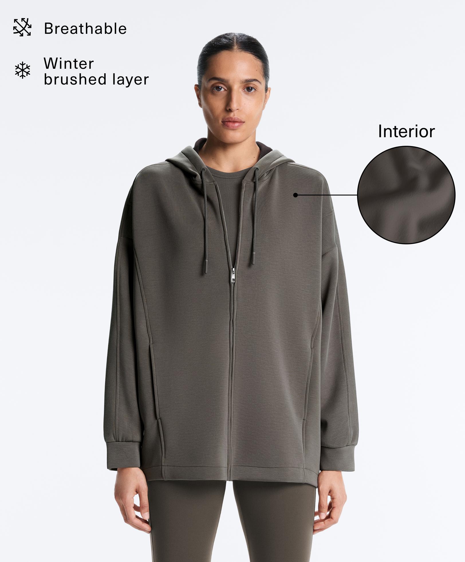 Lange Jacke mit Kapuze und gerippten Details aus gebürstetem Modal