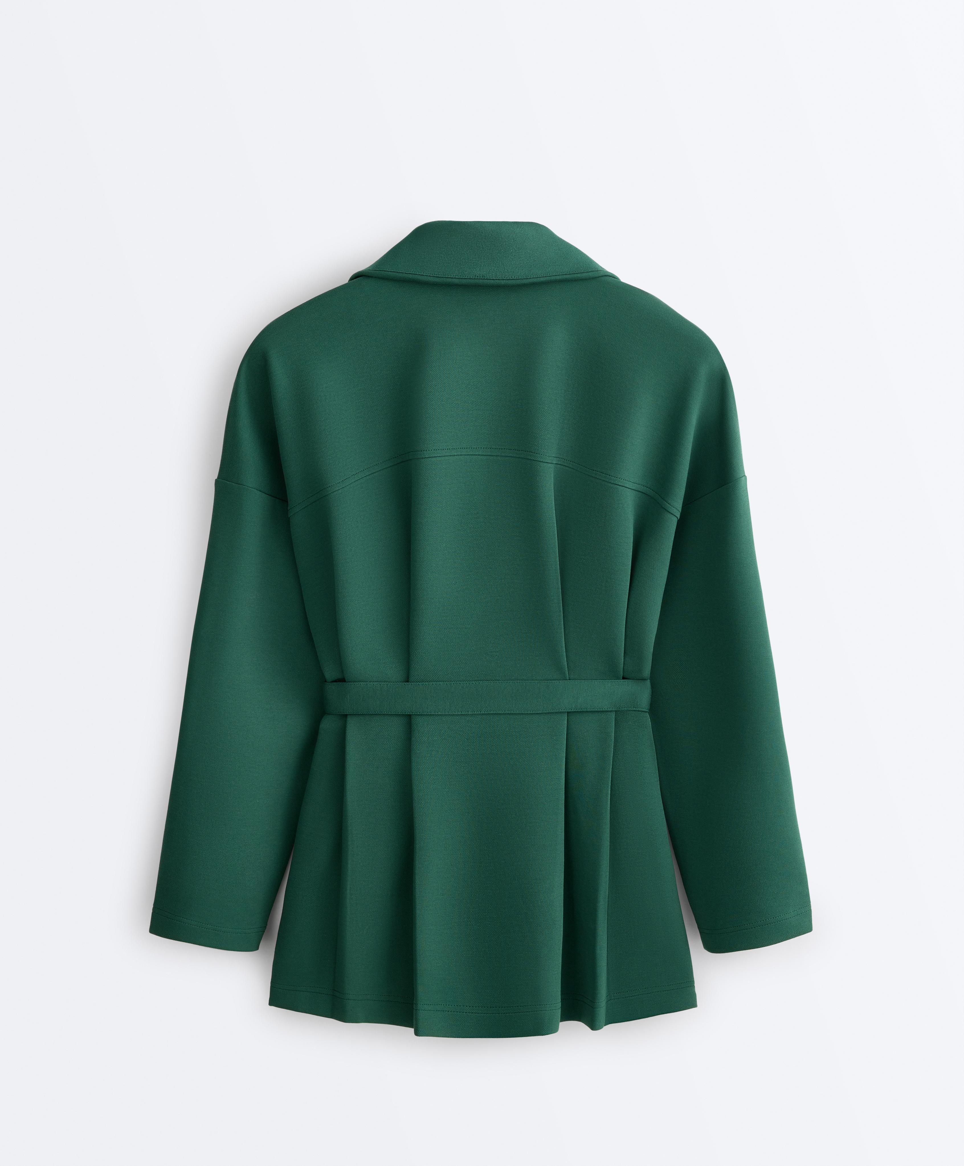Long cotton piqué belted jacket — DARK EMERALD