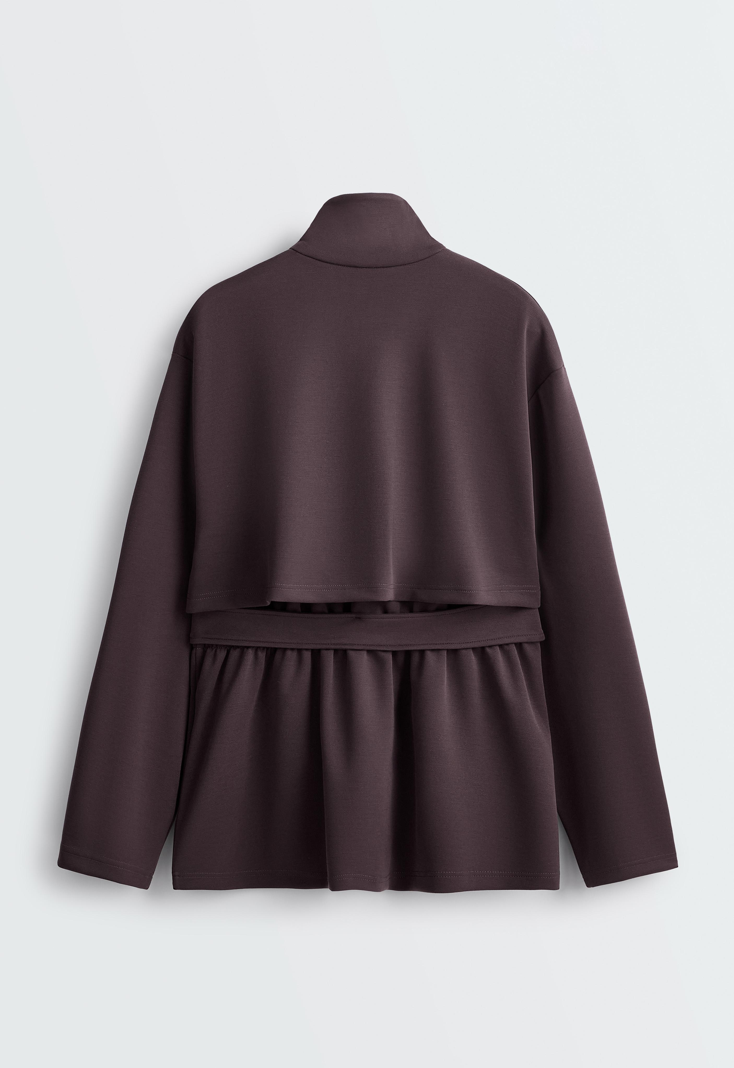 Long piqué jacket with belt — Purplish brown