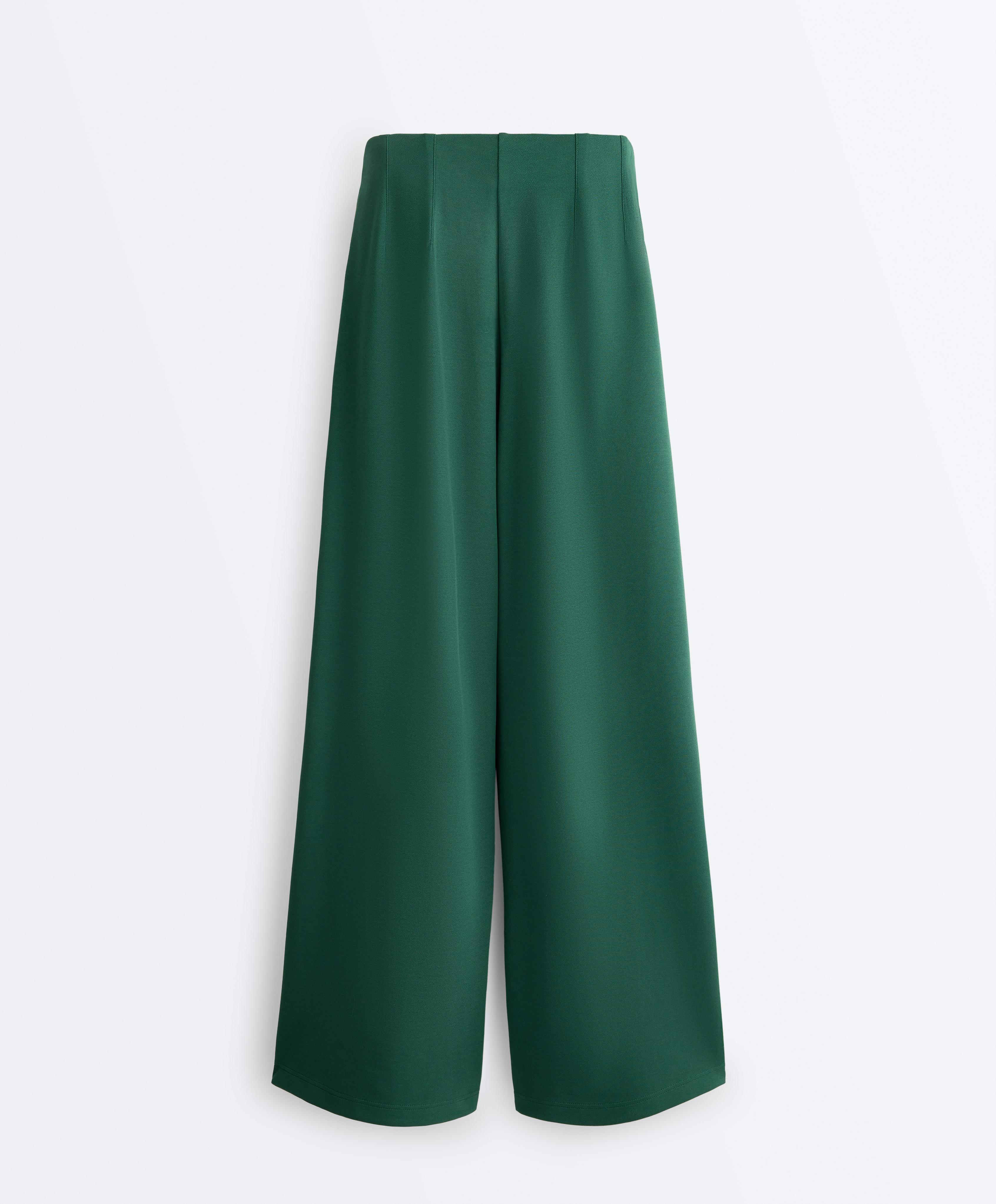 Cotton wide-leg pique trousers with pleats — DARK EMERALD