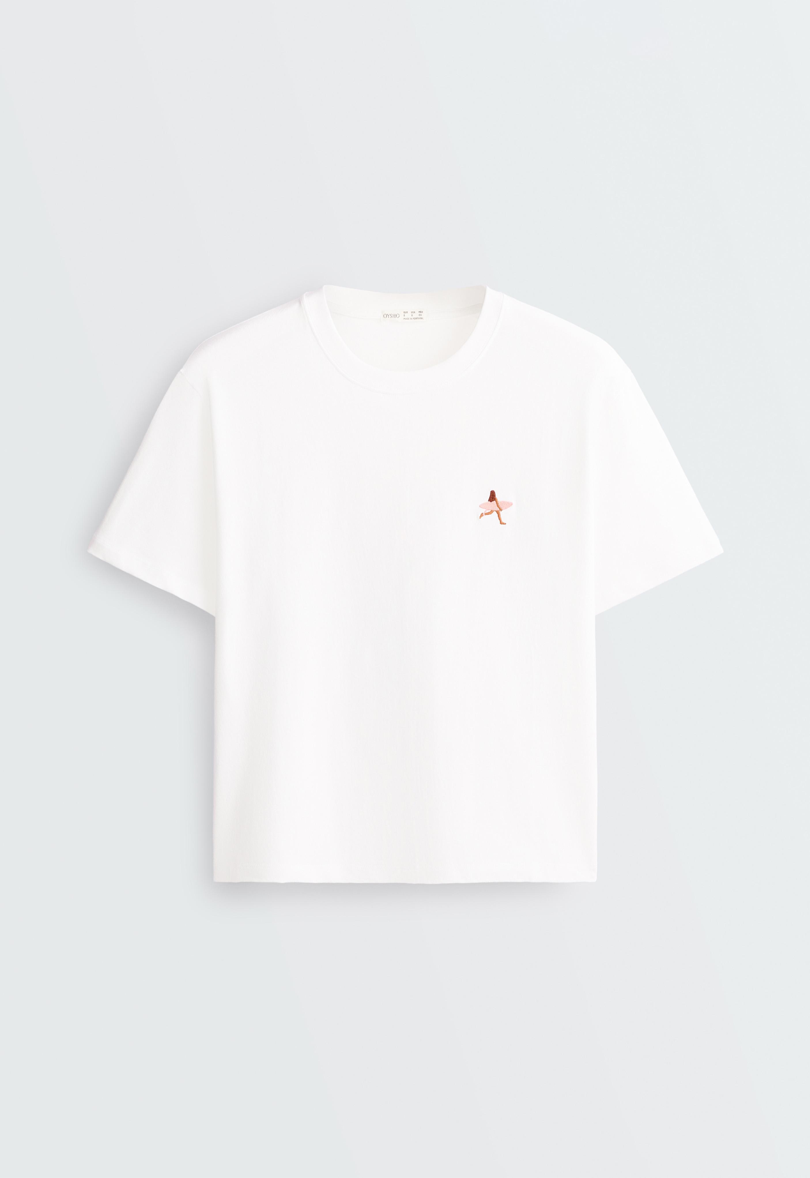 Embroidered boxy cotton blend T-shirt — WHITE 