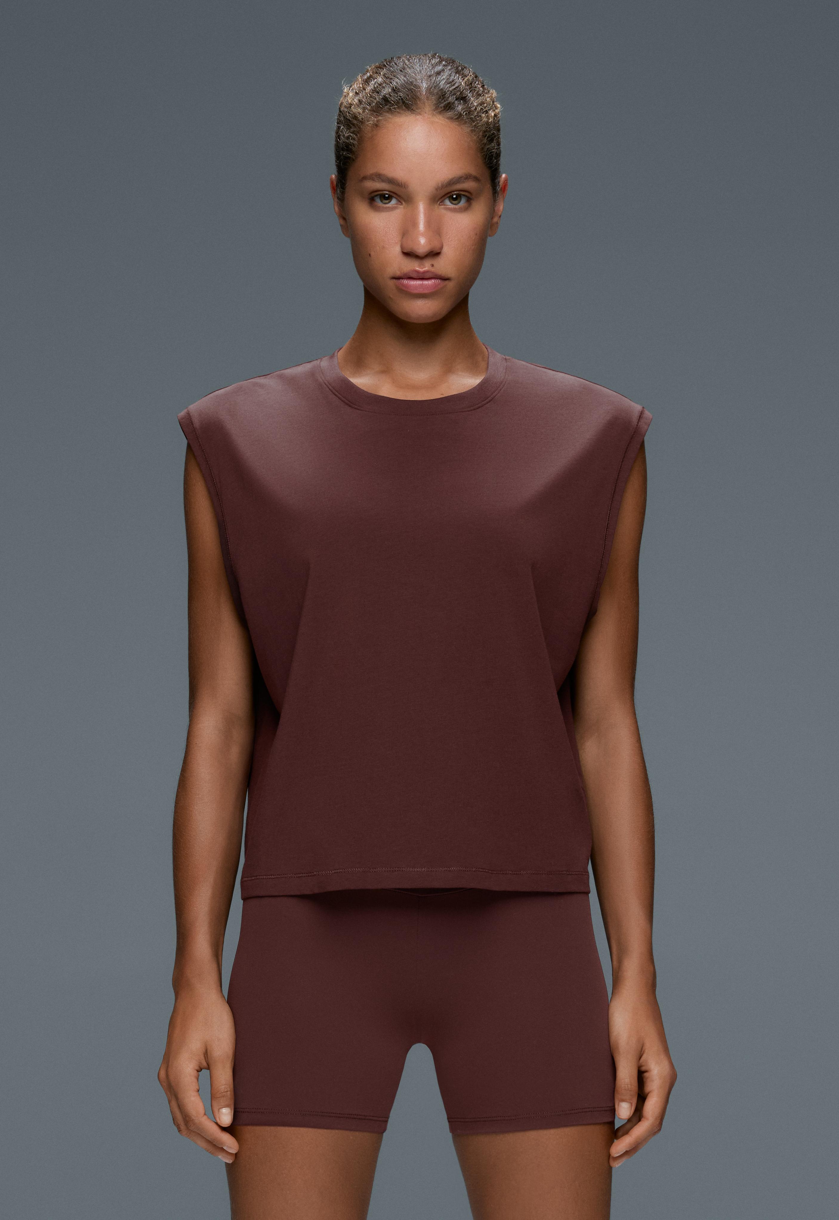 Cotton blend sleeveless T-shirt — CHOCOLATE