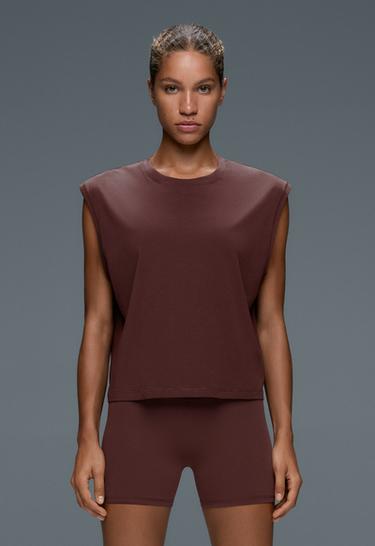 Cotton blend sleeveless T-shirt — CHOCOLATE 1