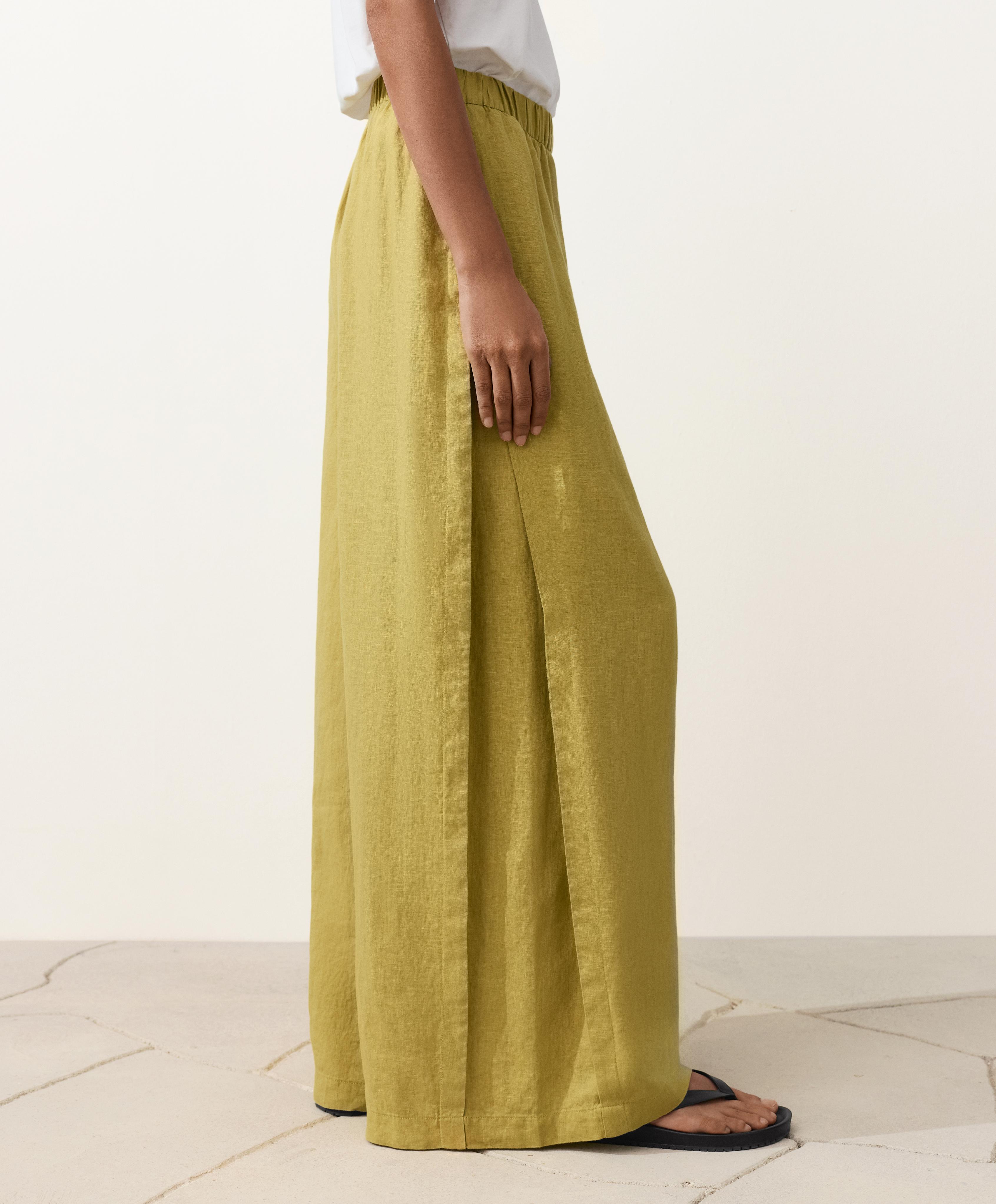 100% linen wide-leg trousers with side pleat — LIME GREEN