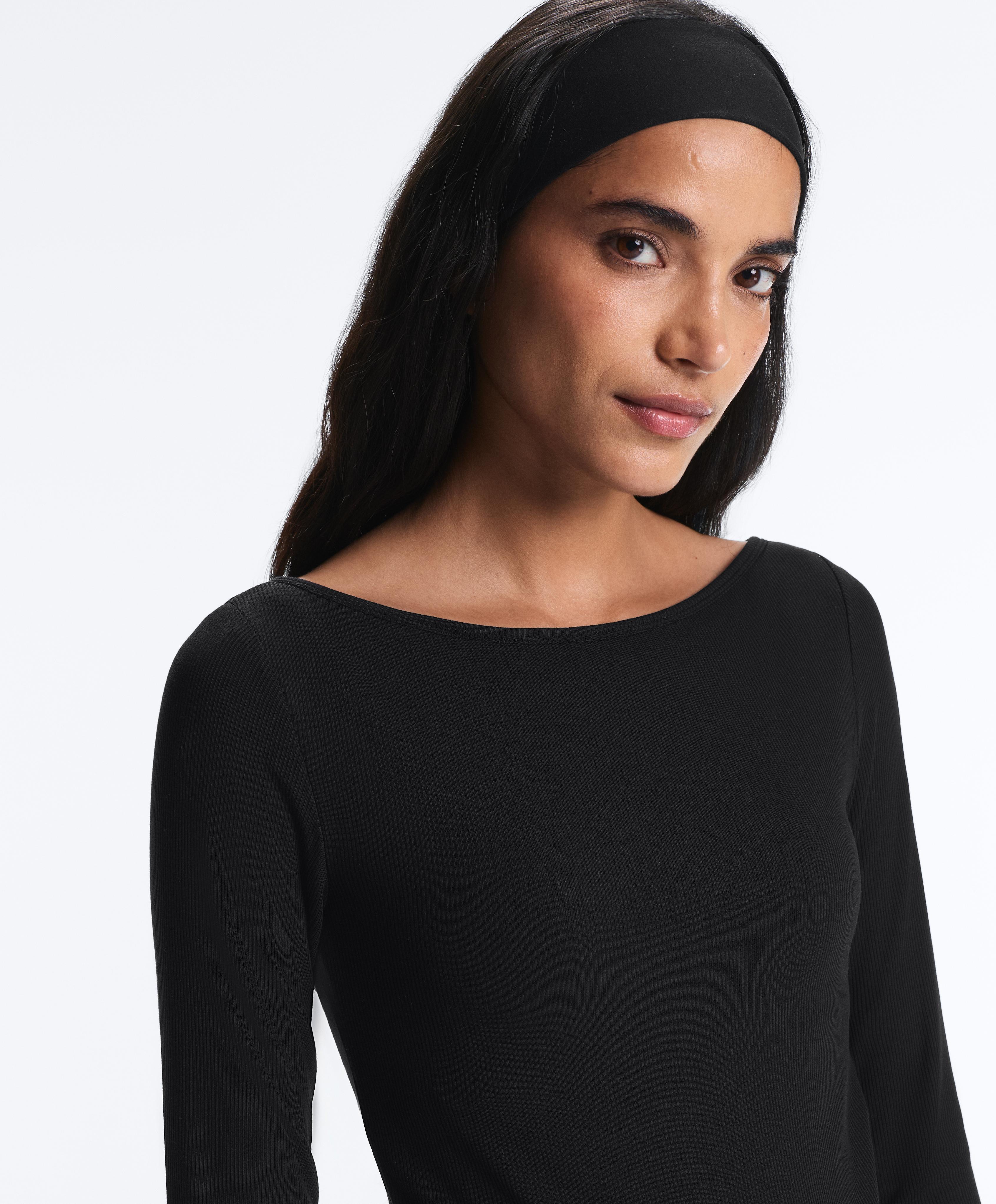 Rib modal blend boat neck T-shirt — BLACK
