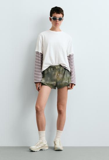 Printed mid rise 2-in-1 technical shorts — KHAKI 1