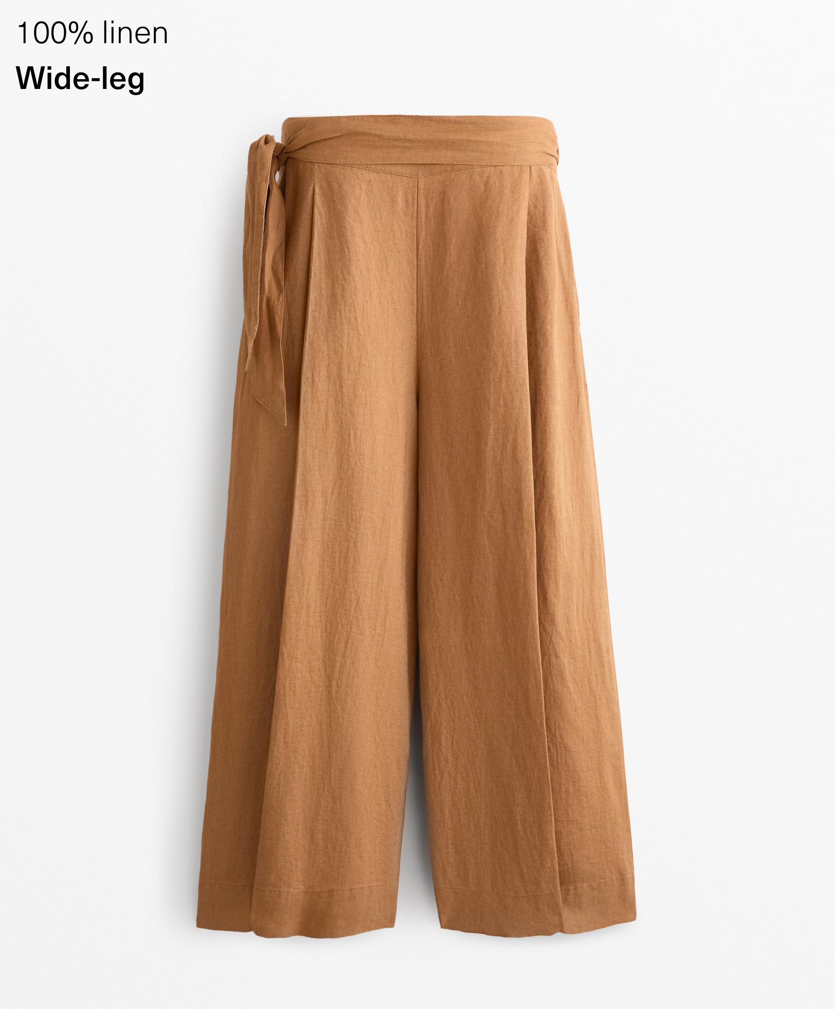 100% linen tie wide-leg trousers