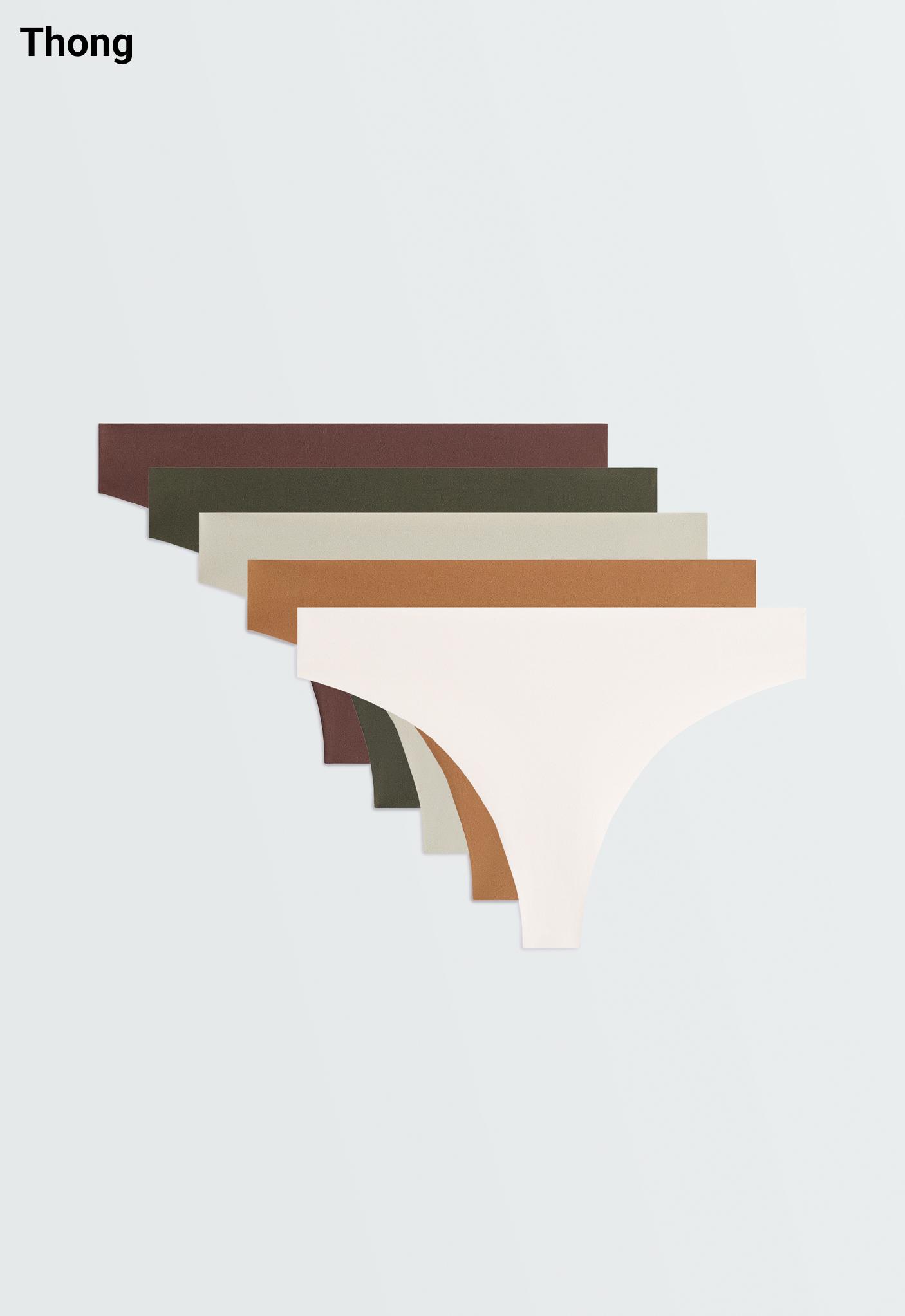 Front view of a five-pack of plain thongs stacked in dark brown, khaki, light gray, camel, and white.