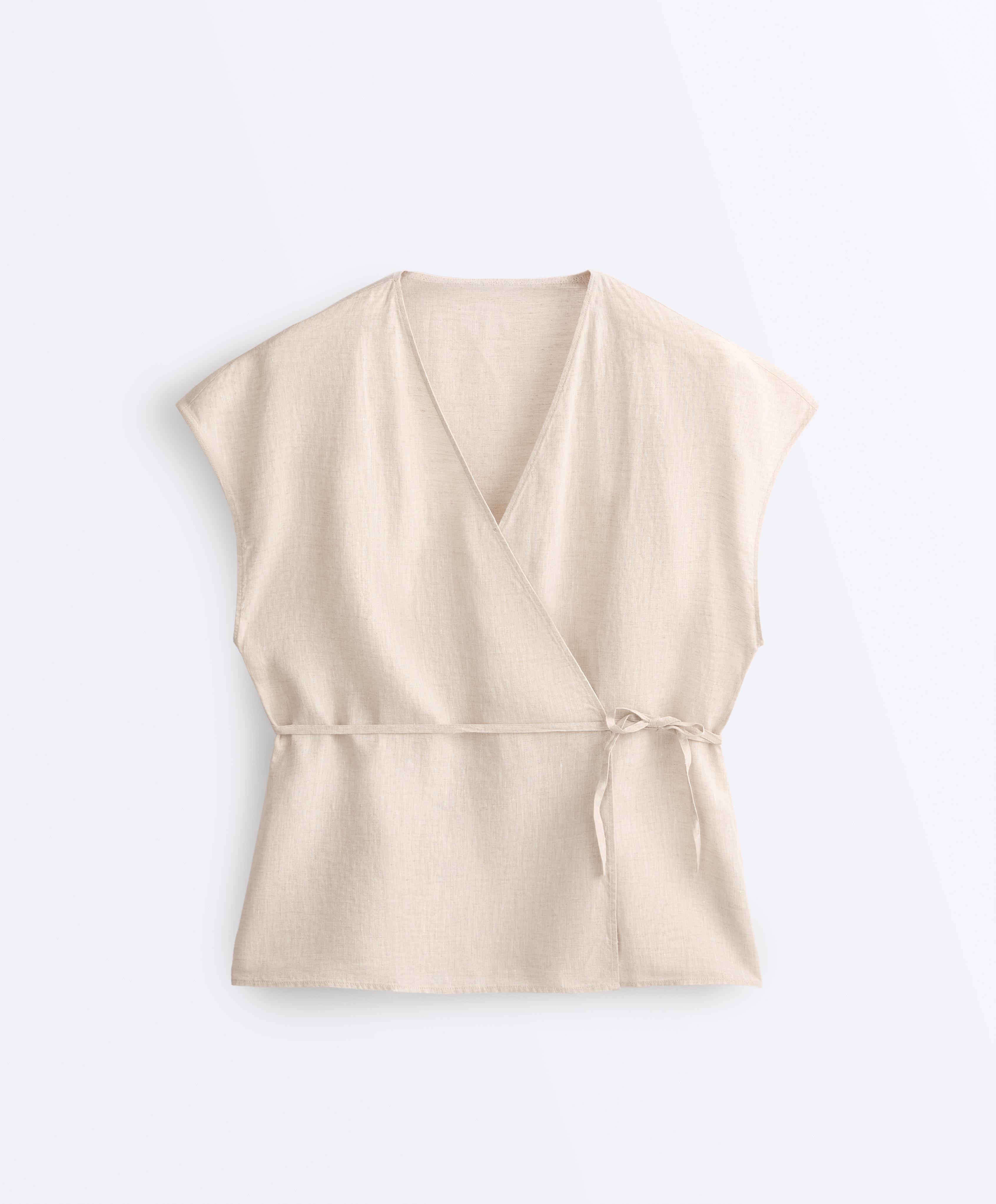 100% linen wrap shirt with tie — SAND MELANGE