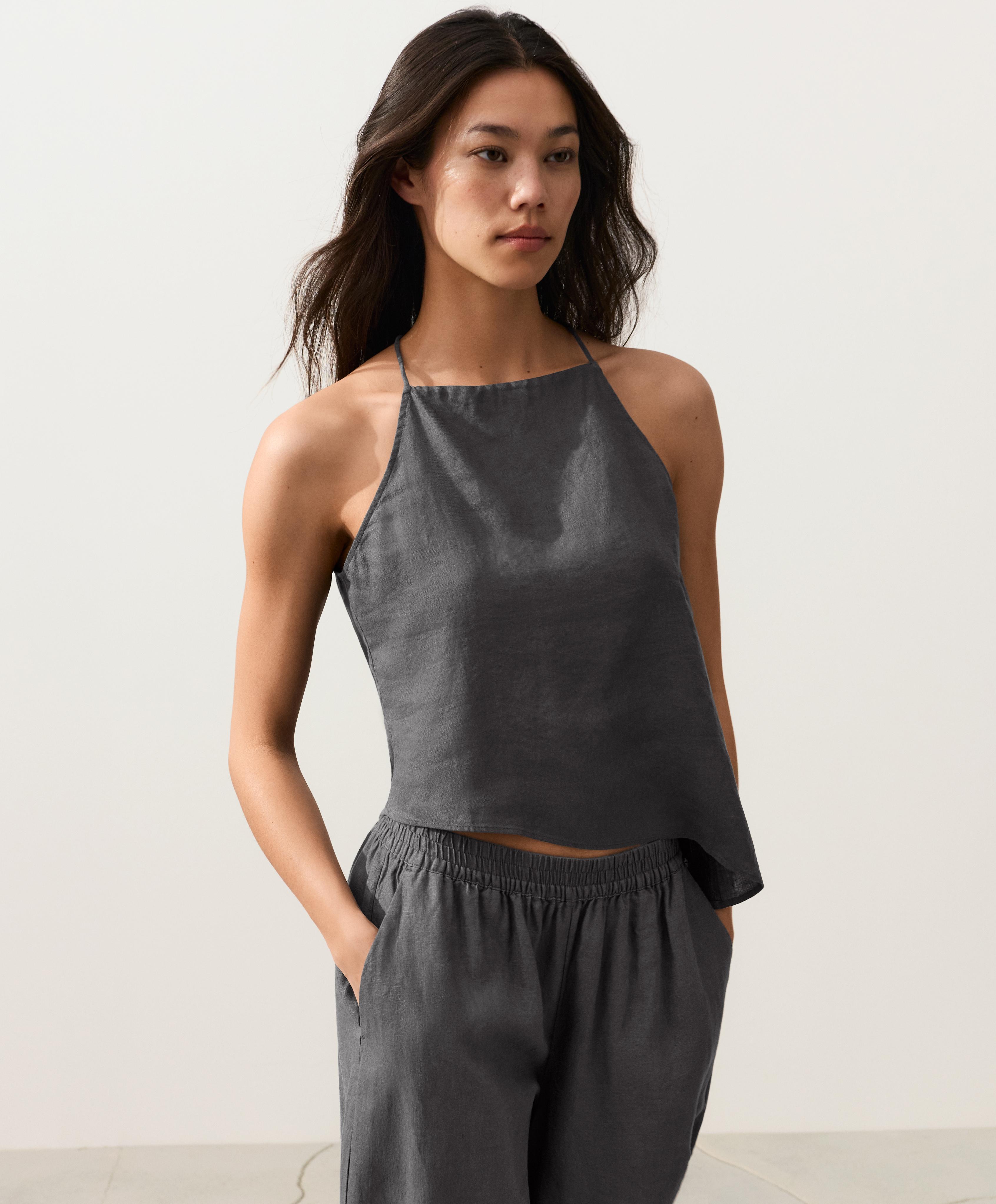 Asymmetric 100% linen sleeveless top — STEEL GREY