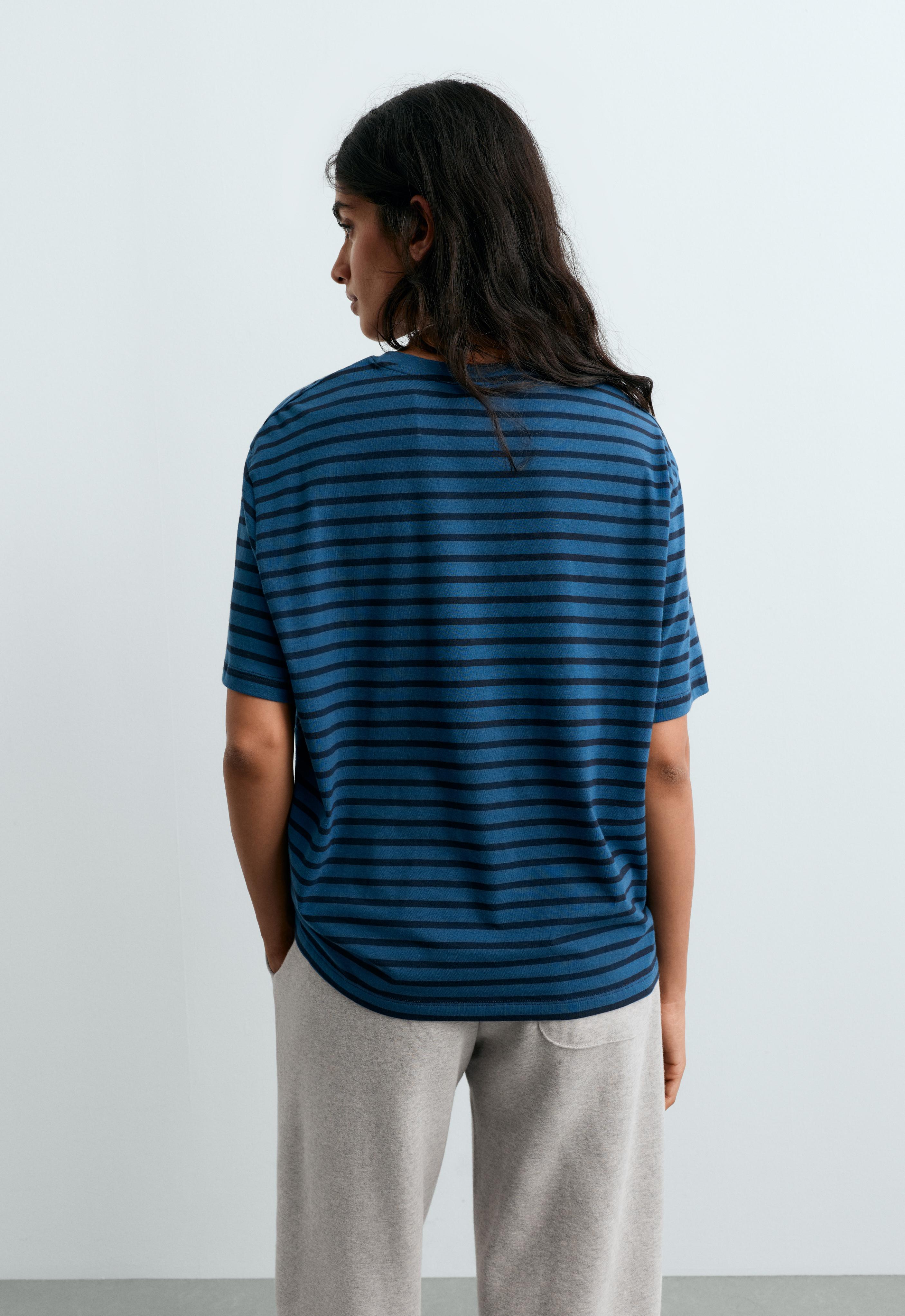 Striped boxy cotton blend short-sleeved T-shirt — NAVY BLUE