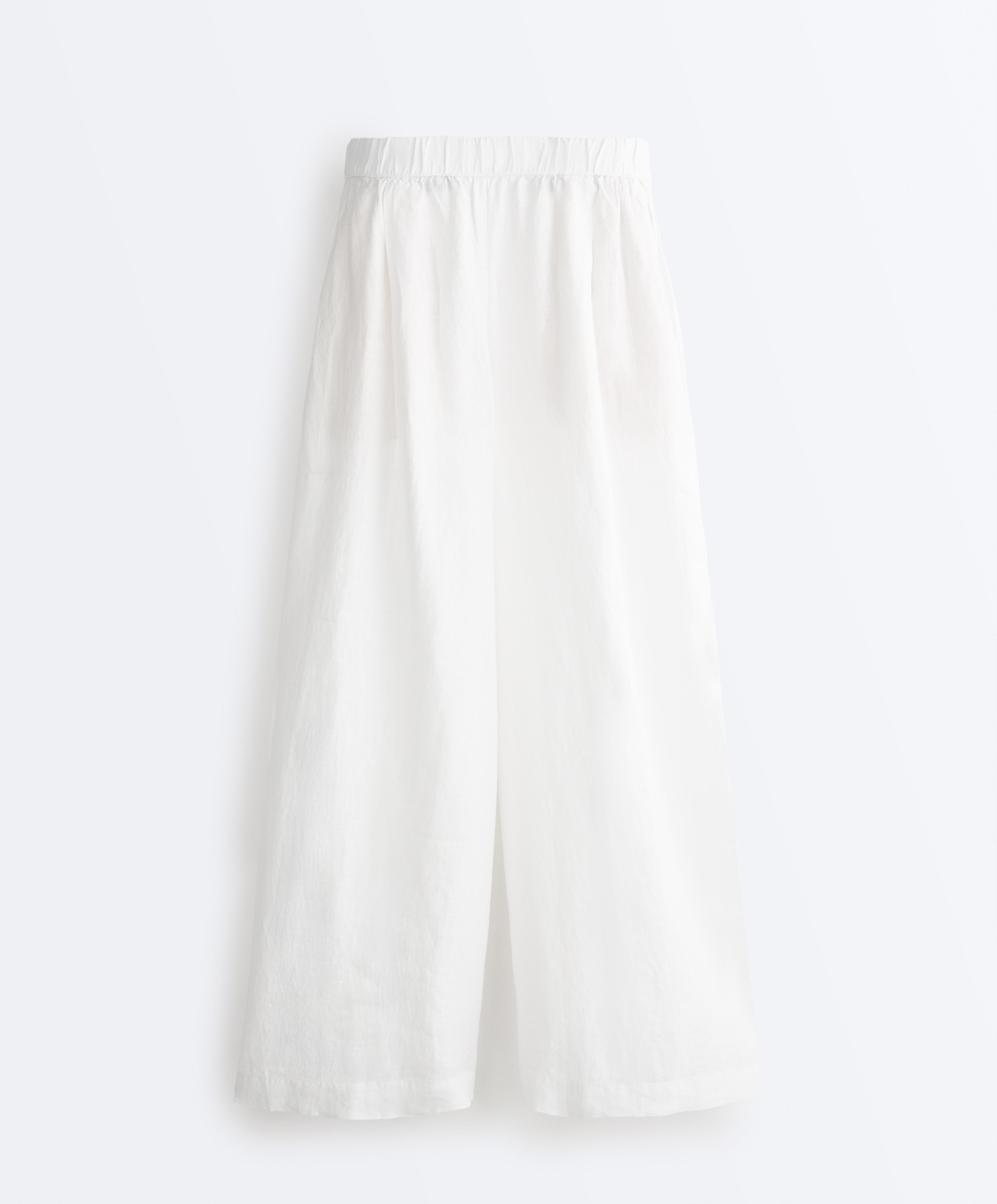 100% linen wide-leg trousers — WHITE 