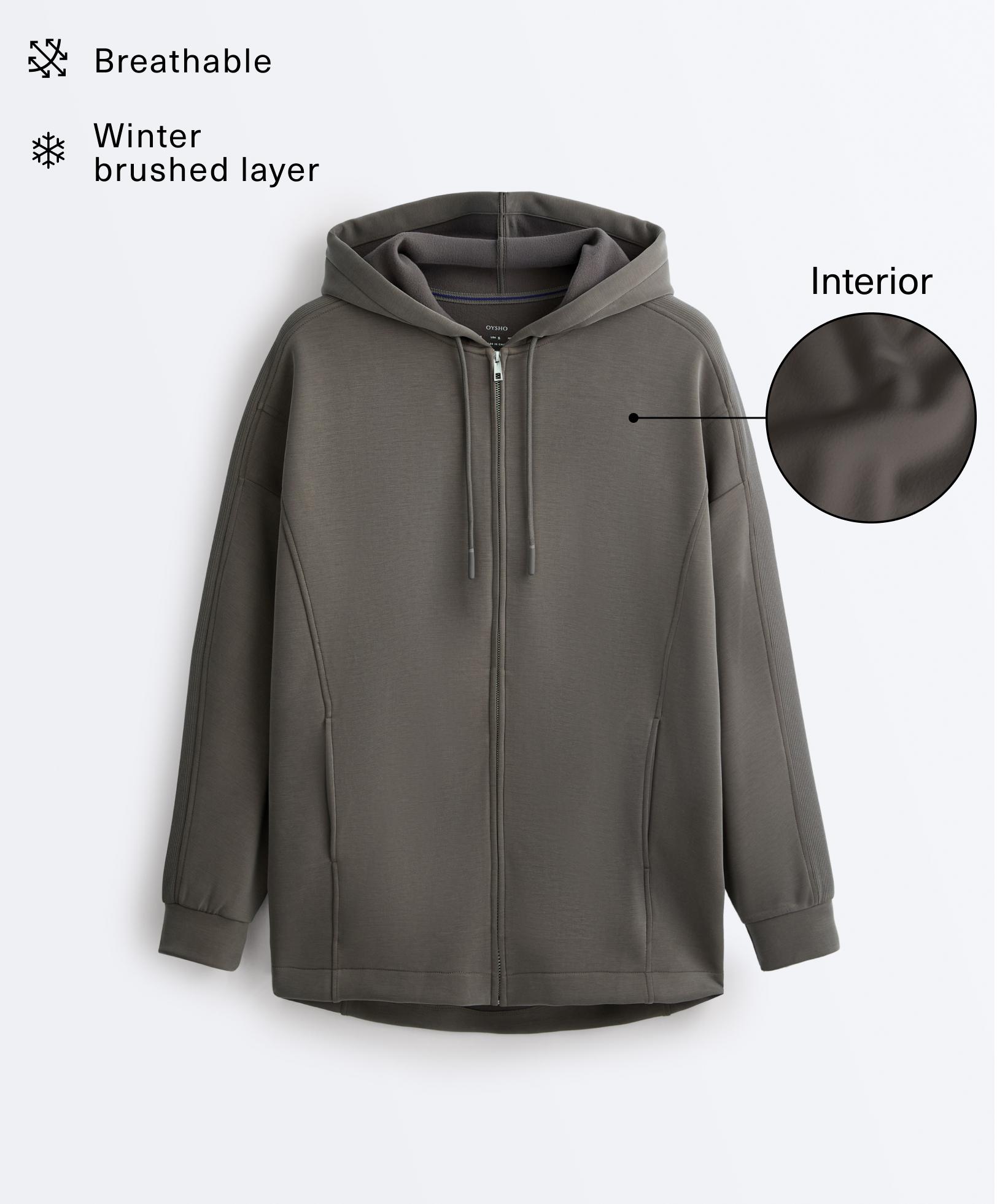 Long hooded jacket with rib details and brushed modal — CHARCOAL GREY