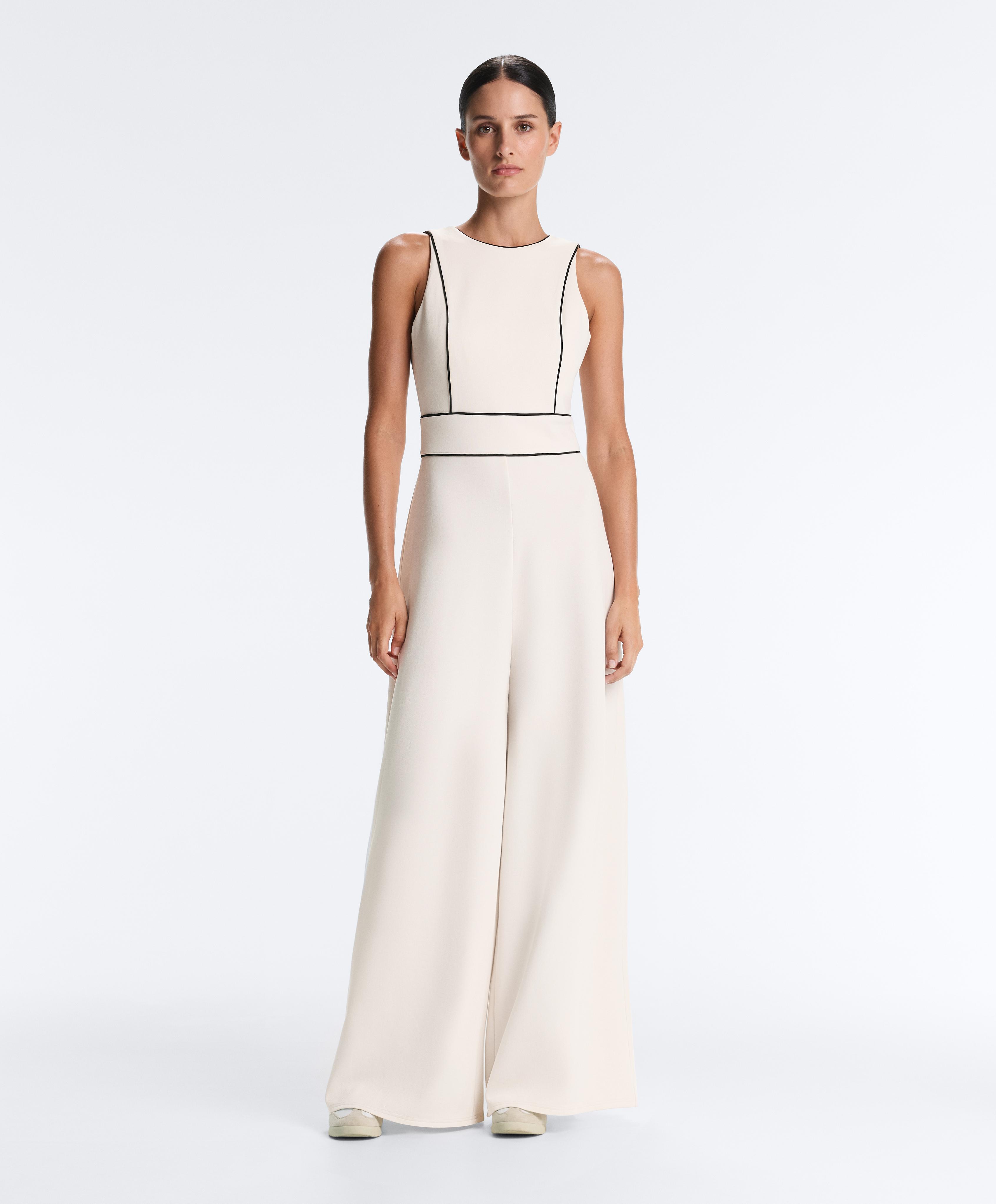 Long piping piqué jumpsuit with cotton — PALE ECRU