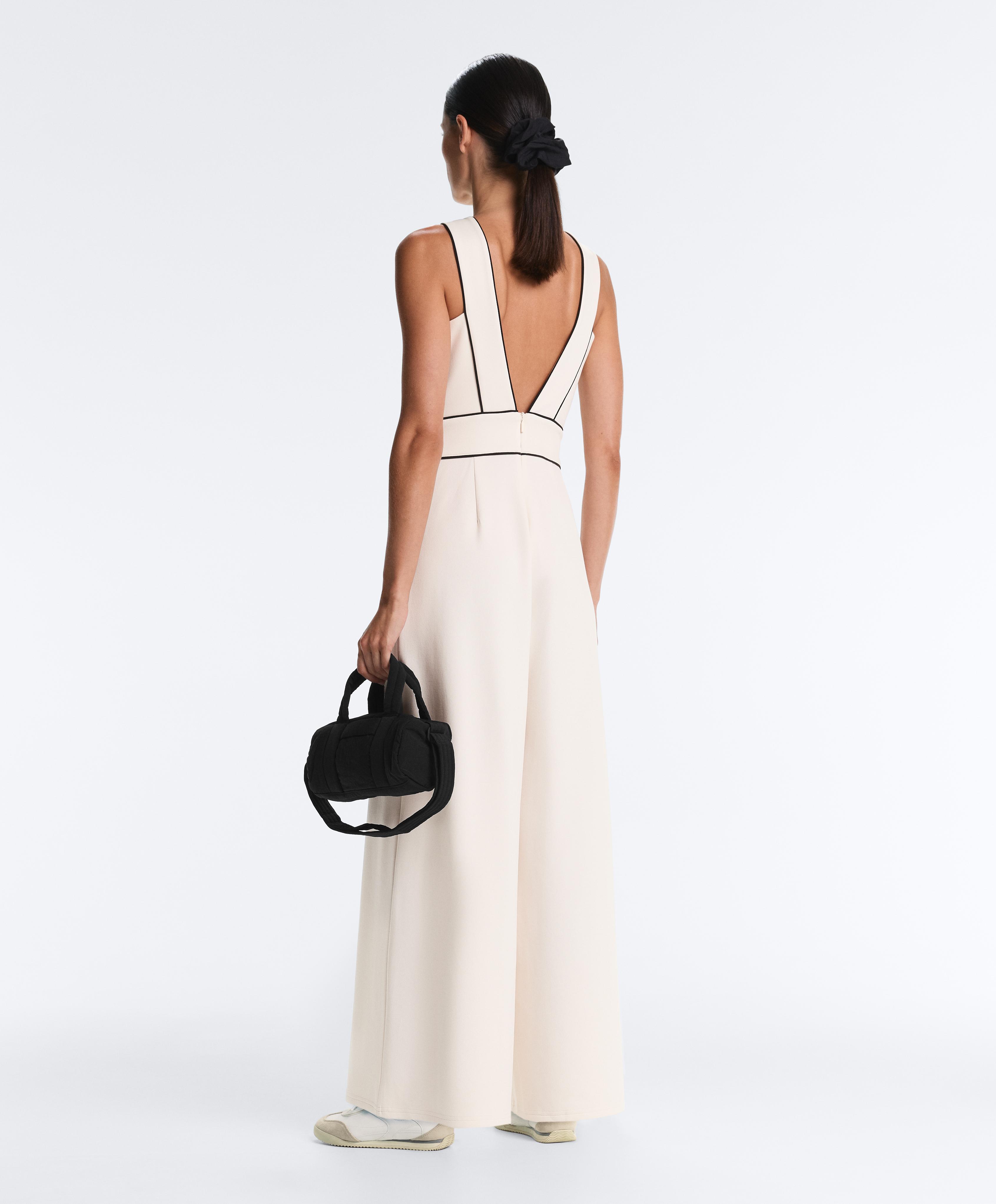 Long piping piqué jumpsuit with cotton — PALE ECRU