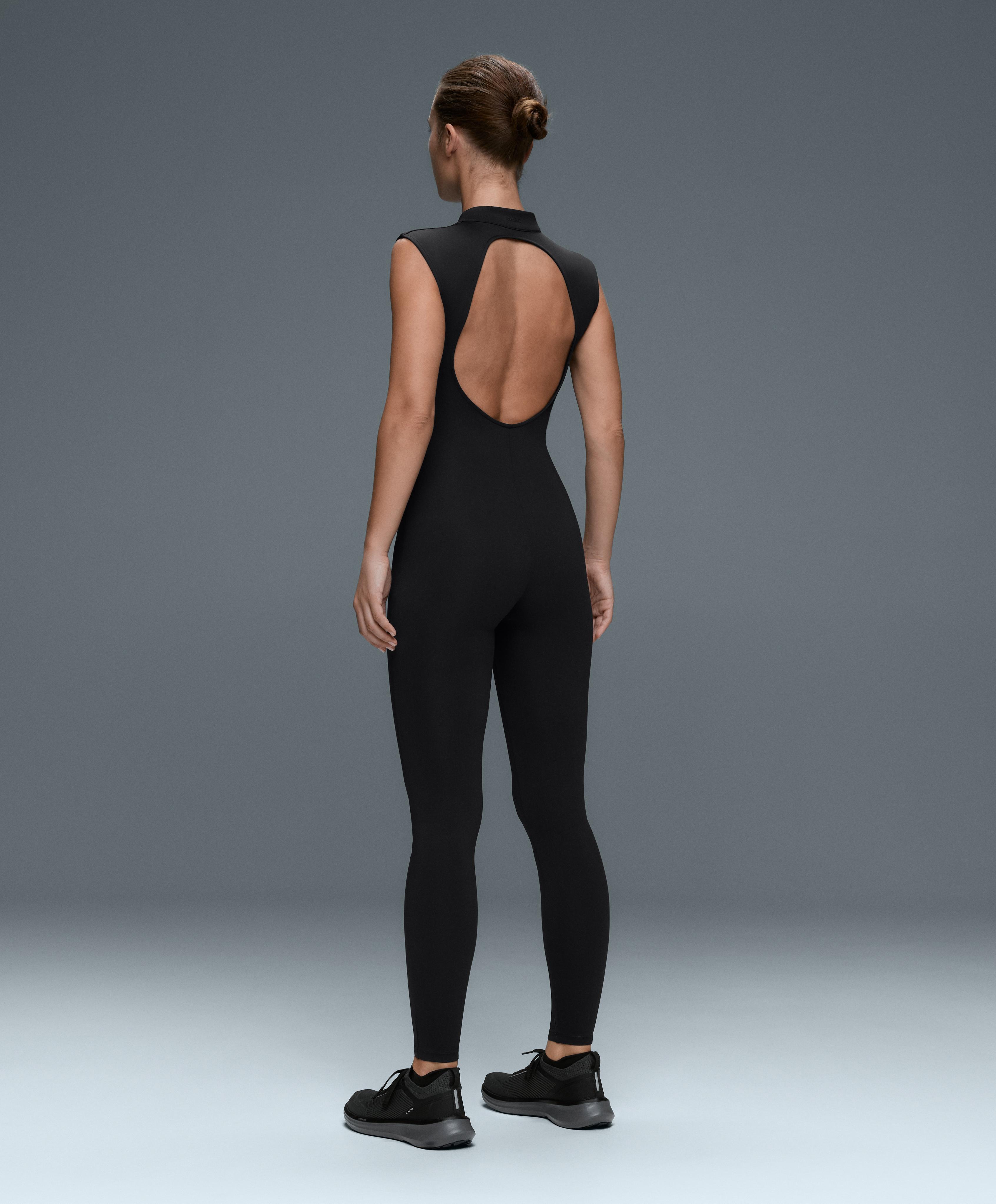 Comfortlux long jumpsuit with mandarin collar — BLACK