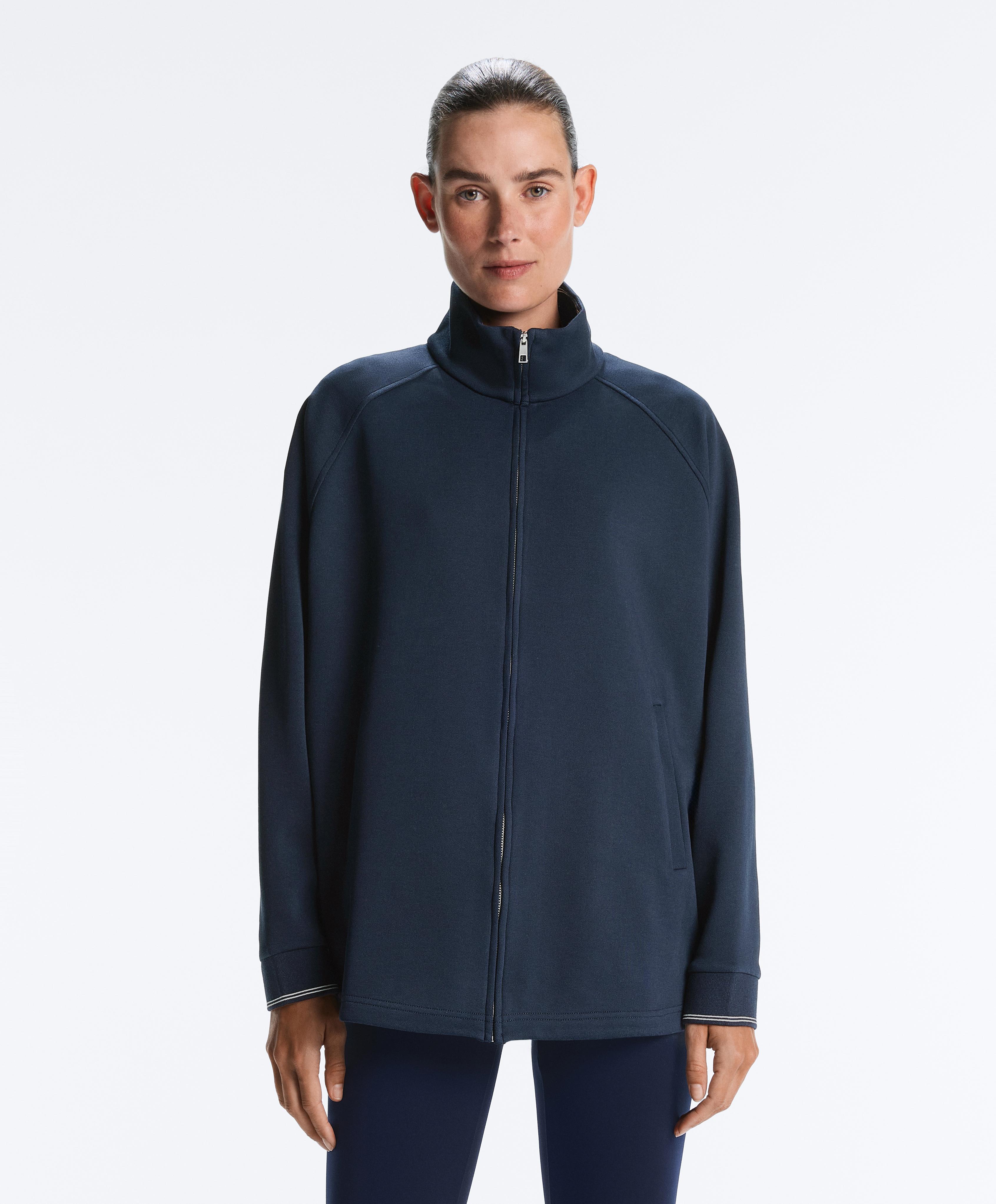 Long piqué jacket with contrast cotton piping — NAVY BLUE