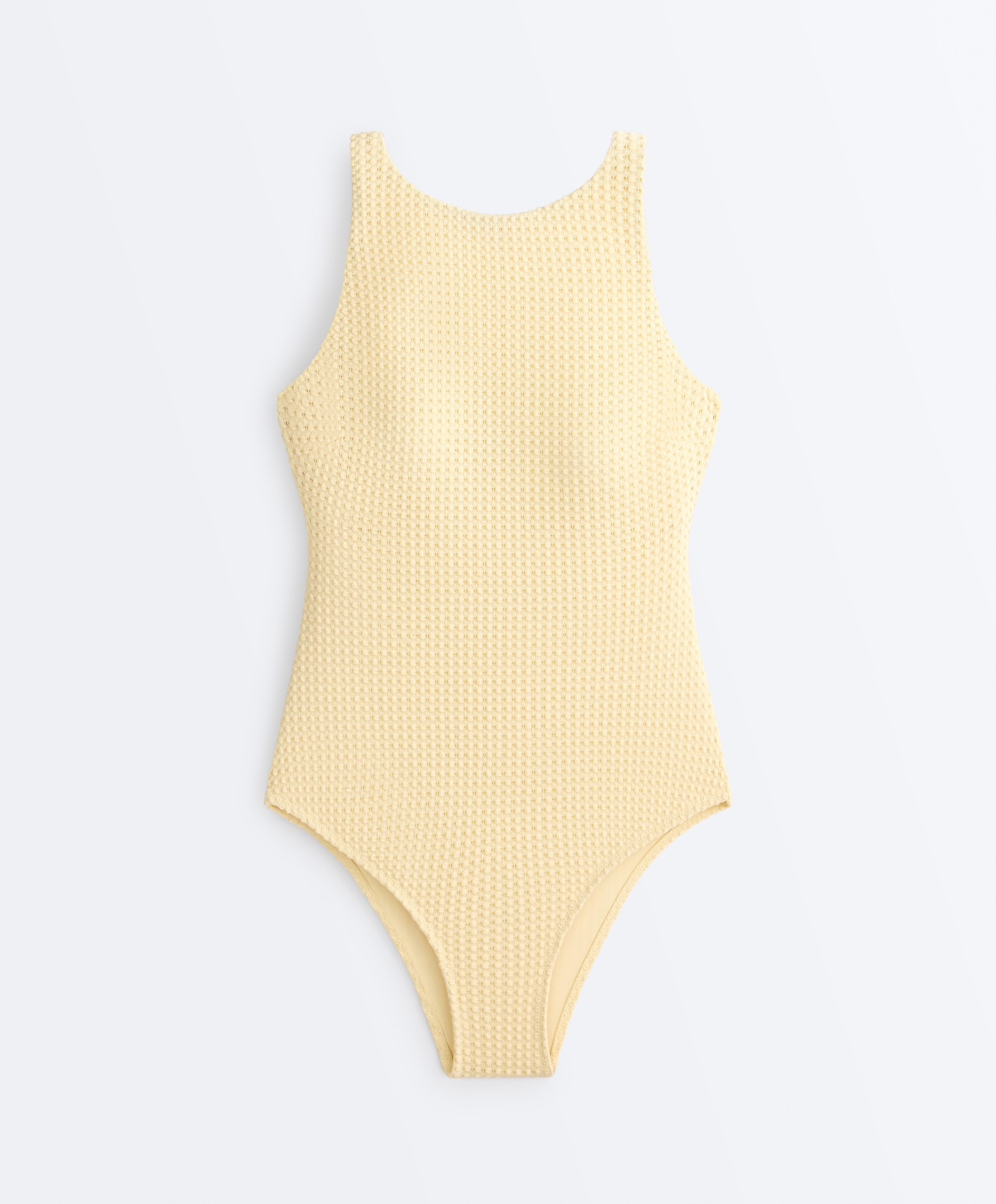 Bubble-texture crochet halter swimsuit — PALE YELLOW