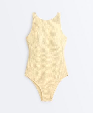 Bubble-texture crochet halter swimsuit — PALE YELLOW 8