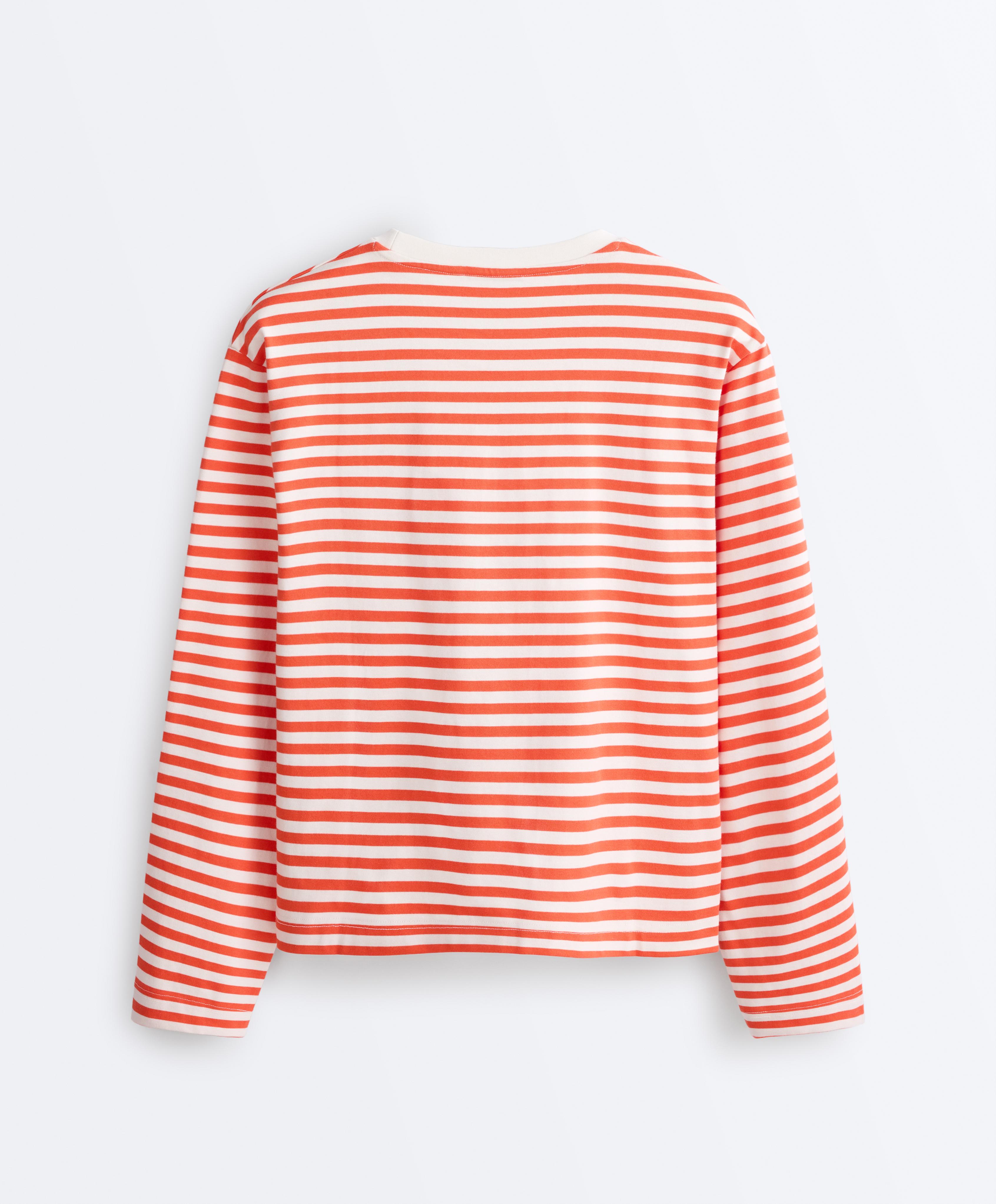 Boxy long-sleeved stripe 100% cotton T-shirt — BRIGHT ORANGE