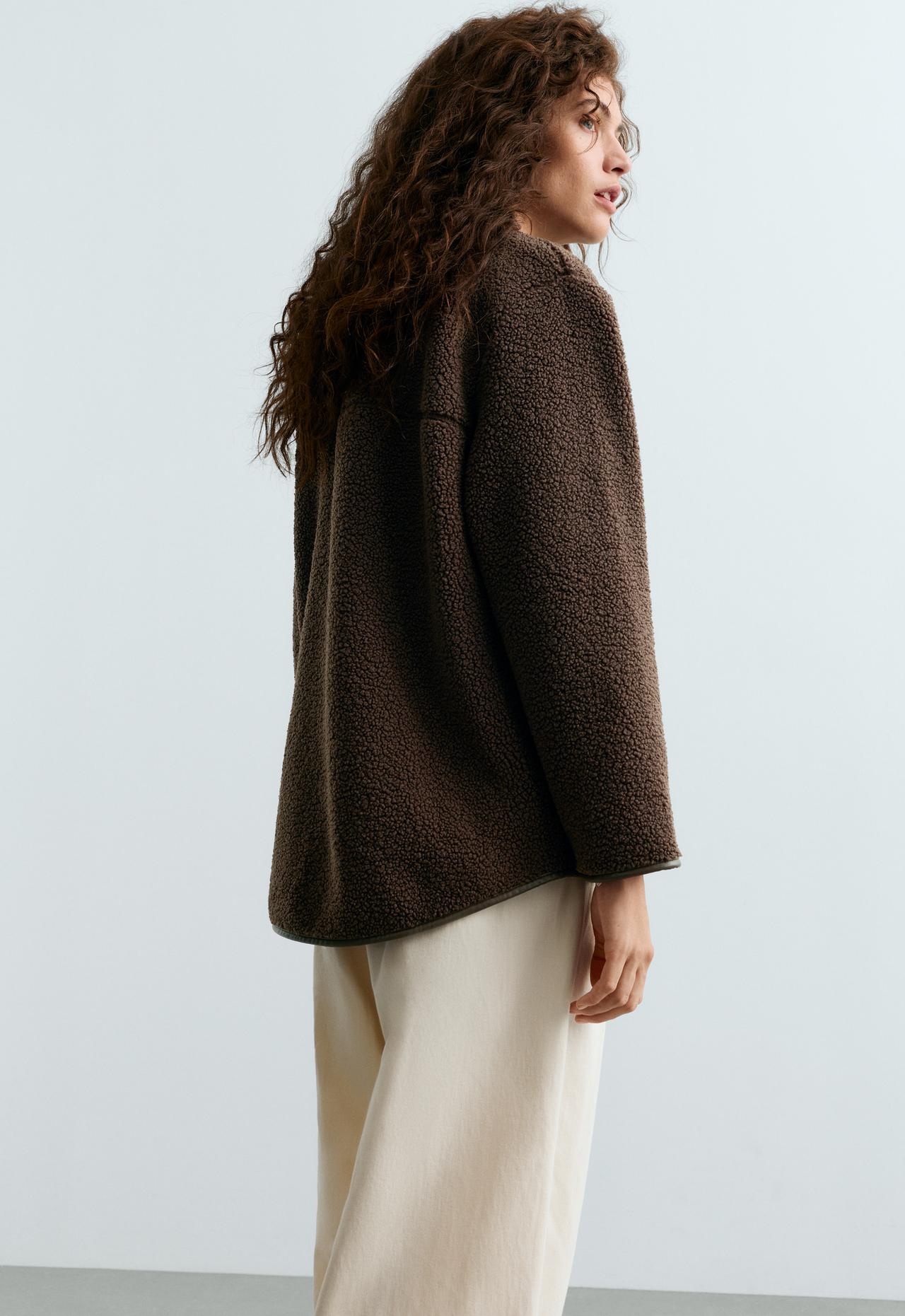 Round-neck faux-shearling jacket — DARK BROWN