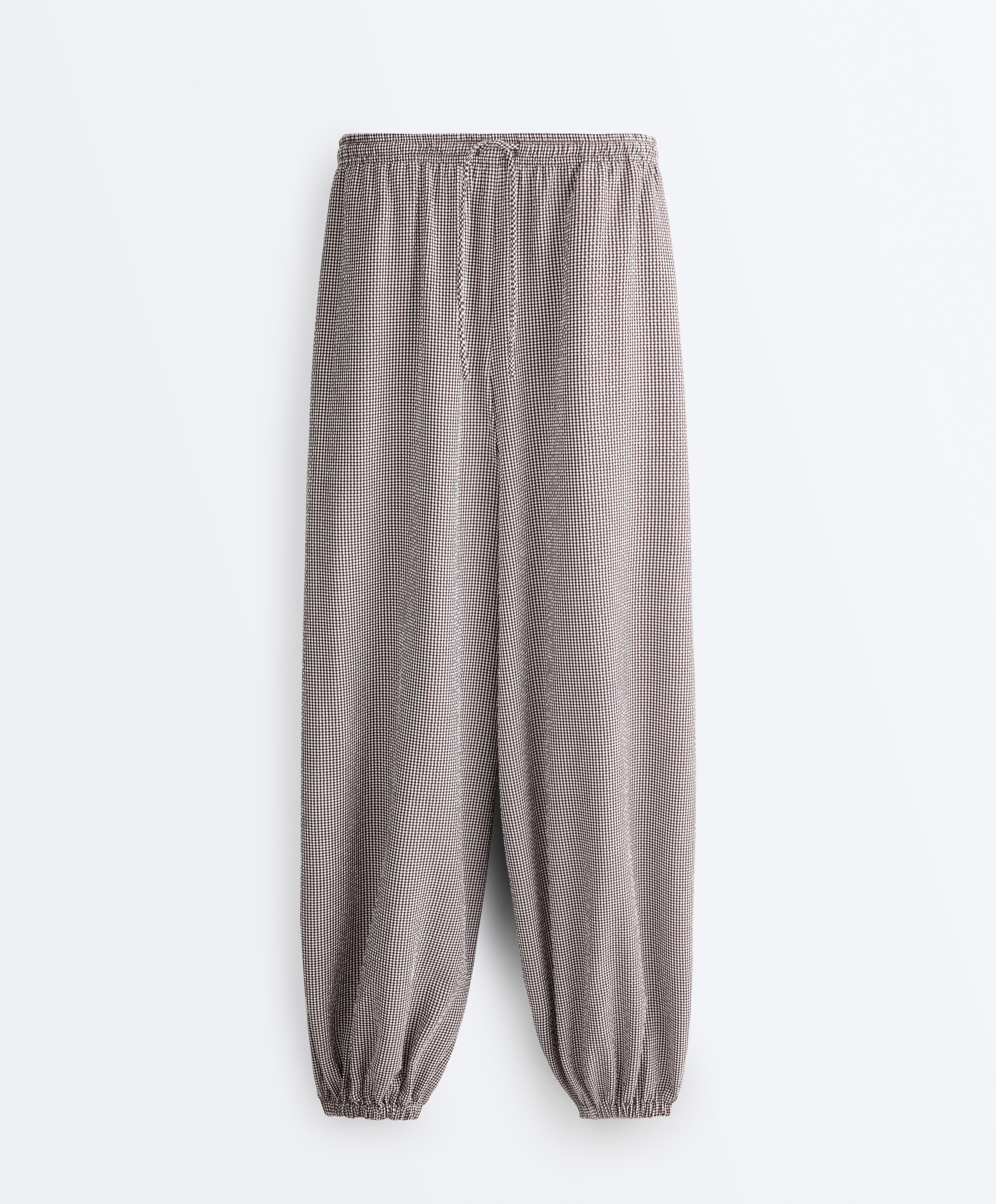 Lyocell blend gingham maxi bloomer trousers — DARK REDDISH‑BROWN