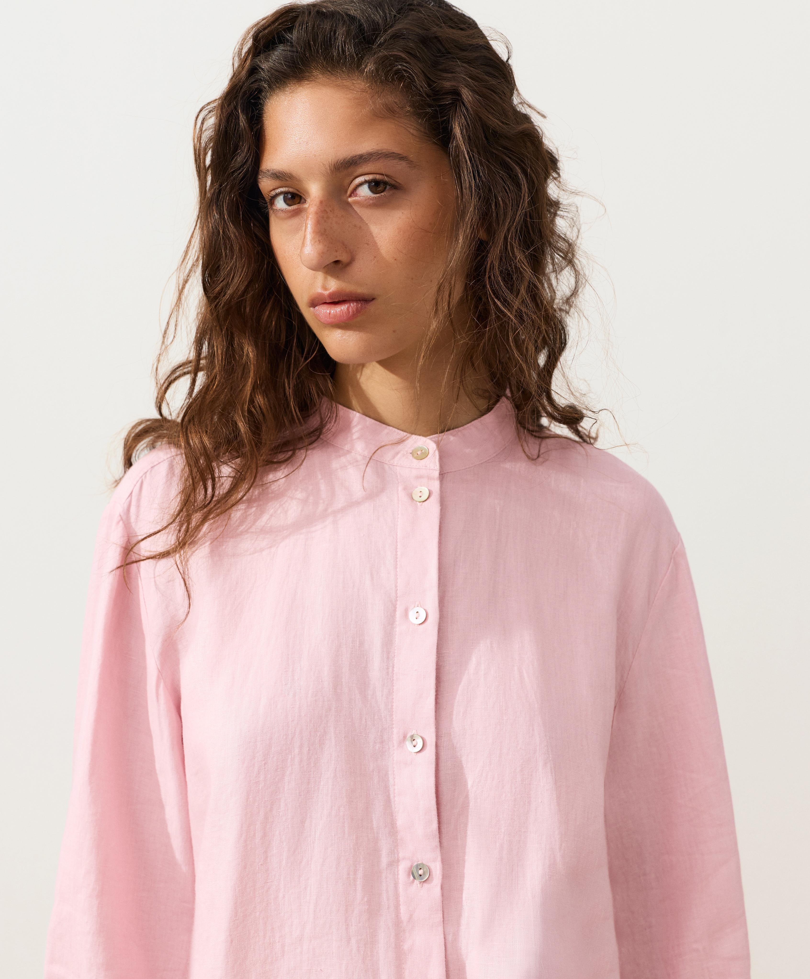 100% linen stand-up collar shirt — PALE PINK