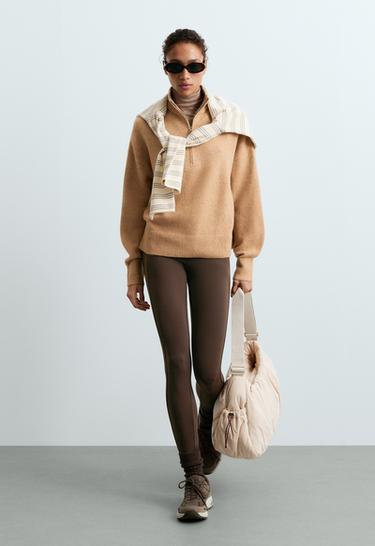 Ankle-length High rise Warm leggings with zips 70cm — DARK REDDISH‑BROWN 1