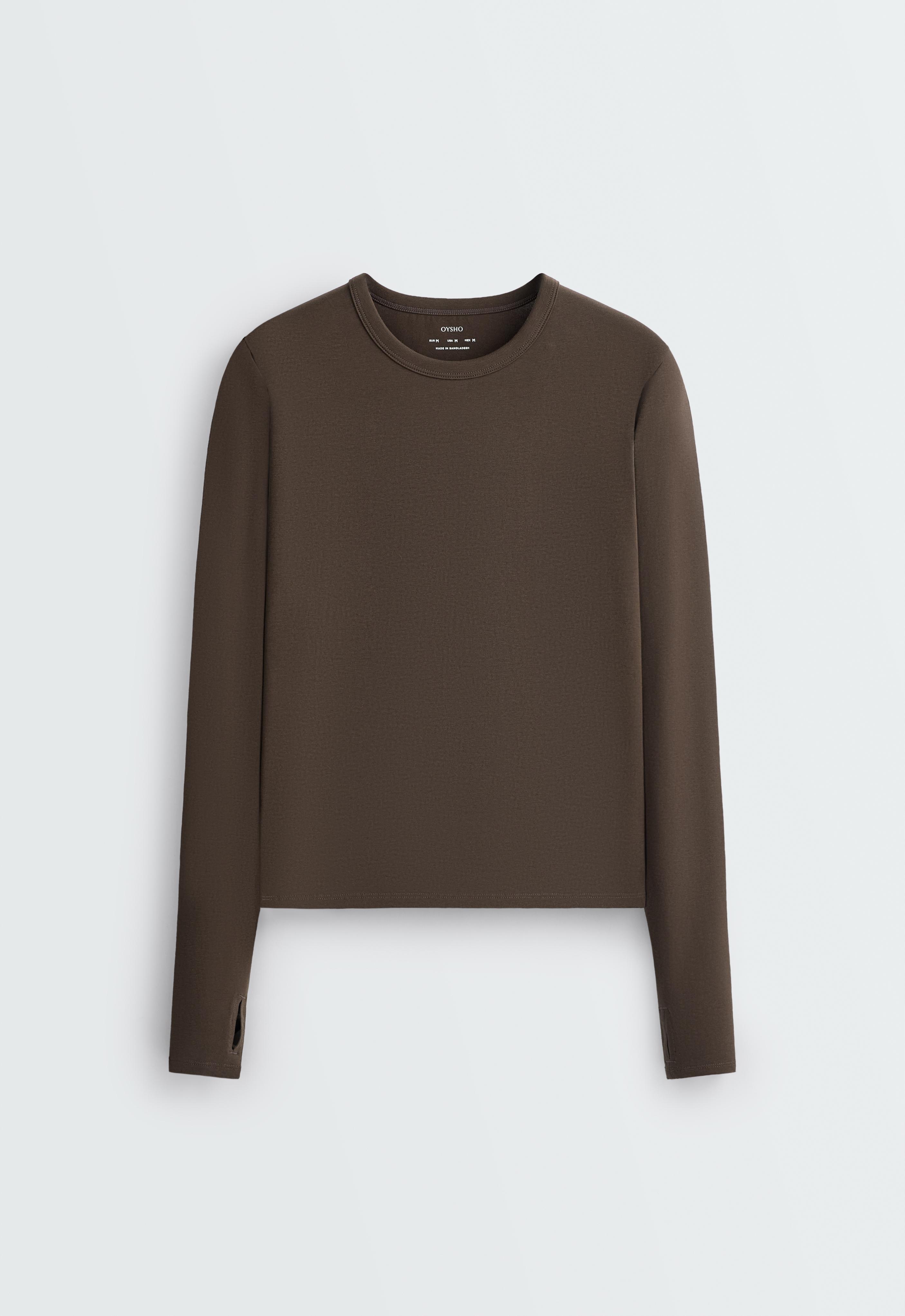 Front view of a brown long-sleeve shirt with a crew neck and thumbhole detail at the cuffs.