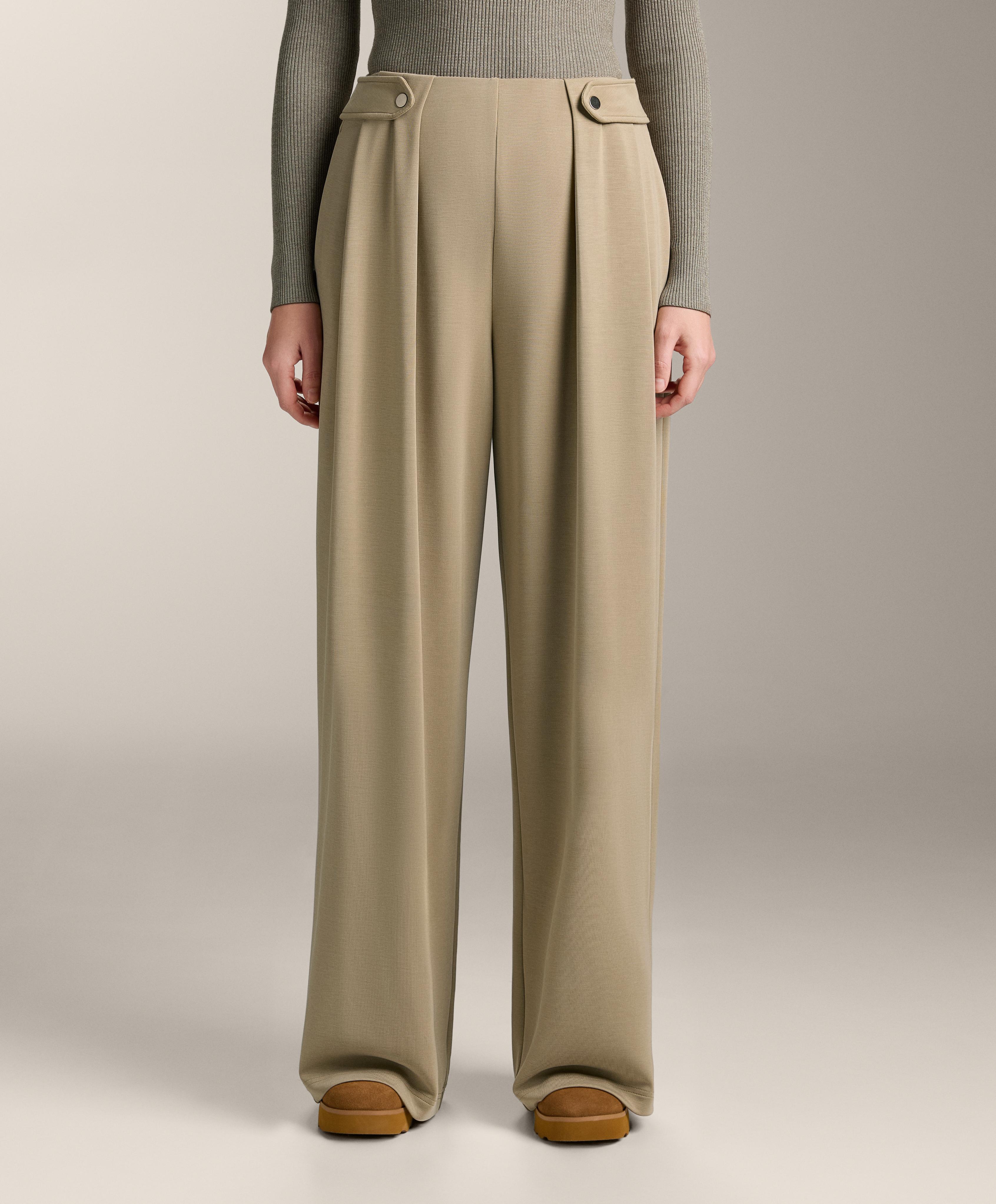 Soft-touch modal wide-leg trousers with pleat waist detail — GREEN BEIGE