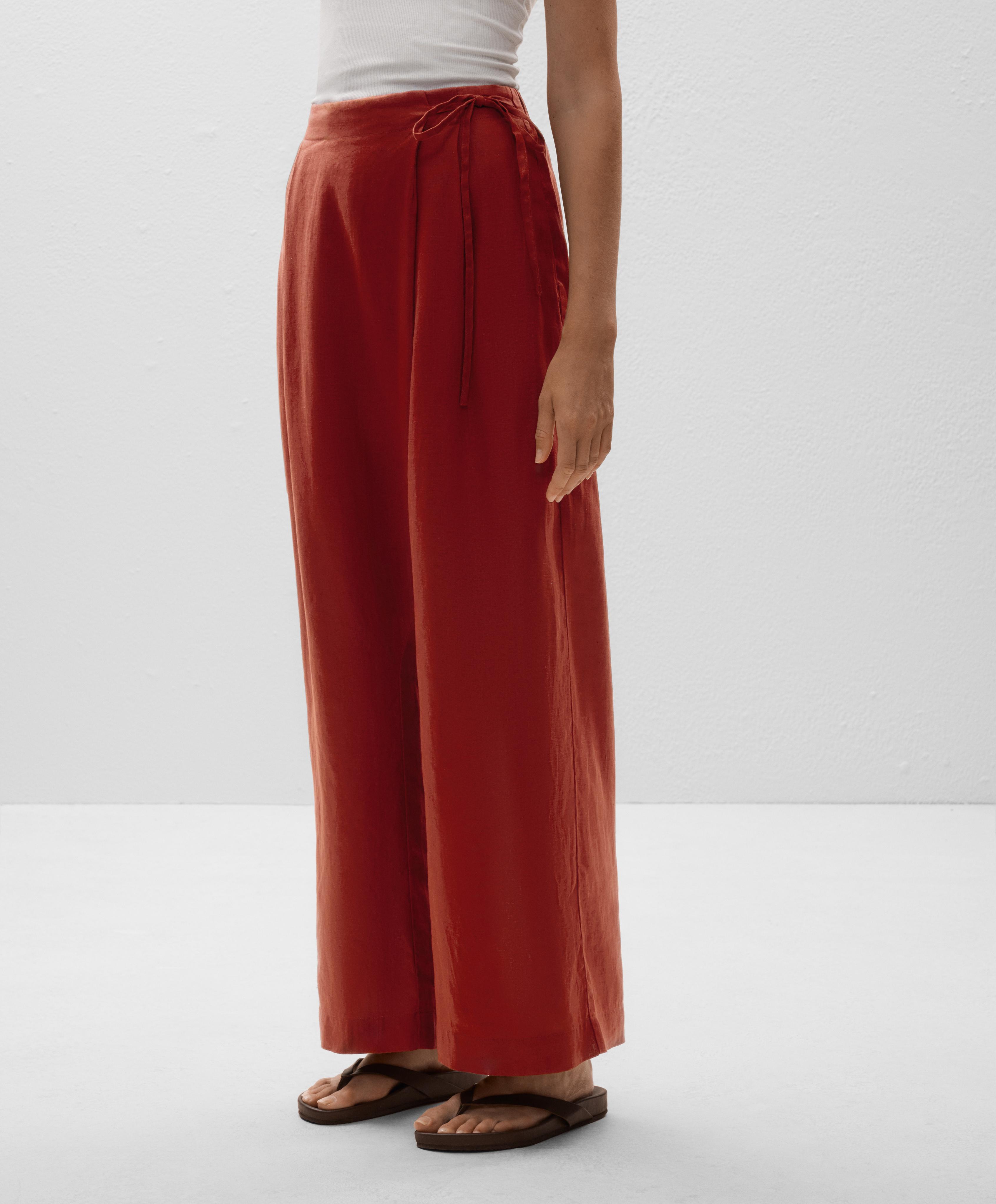 100% linen wide straight-leg trousers with crossover sarong-style wrap 100% linen wide straight-leg trousers with crossover sarong-style wrap