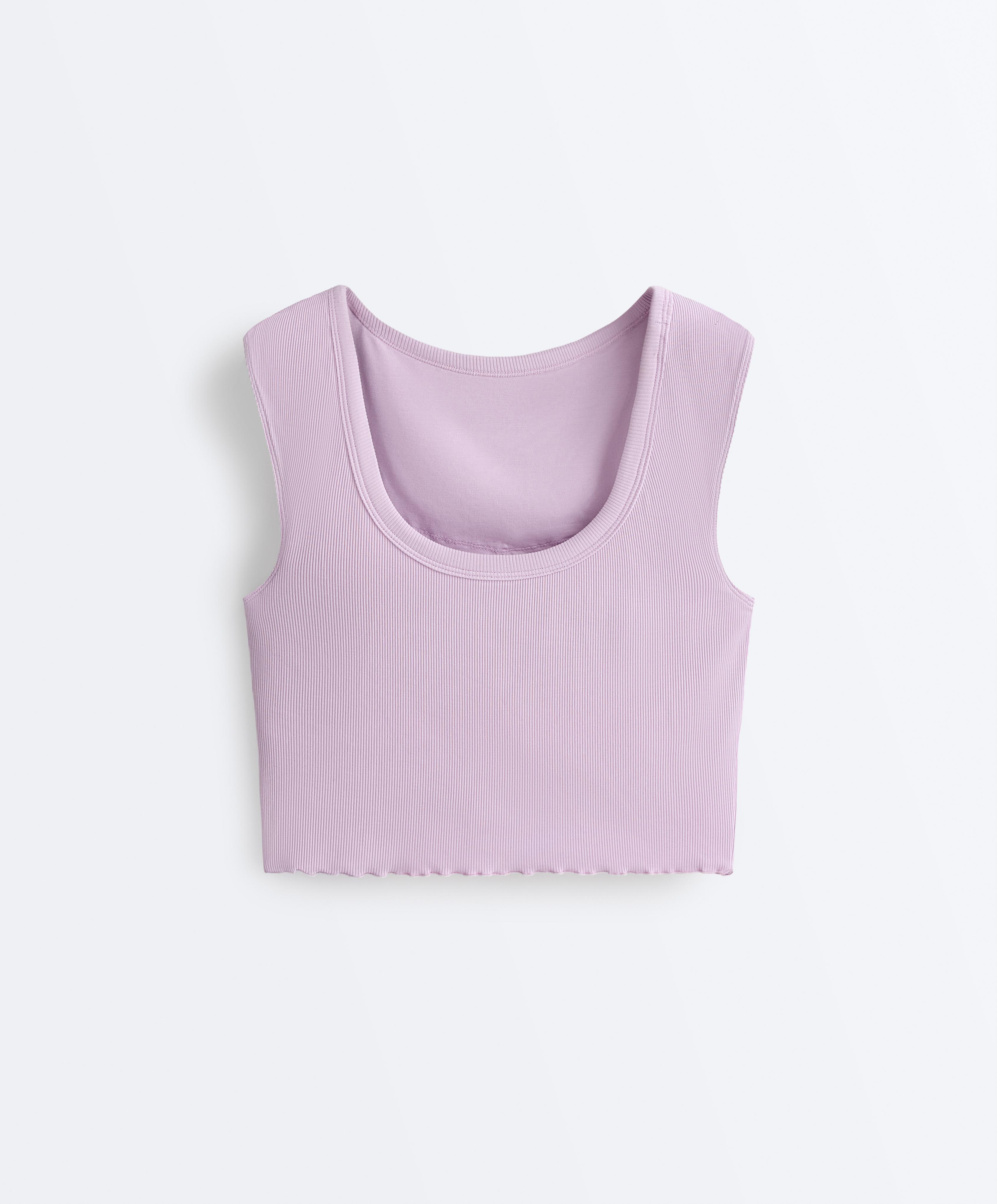 Rib modal blend short sleeve tank top with curling detail — LILAC