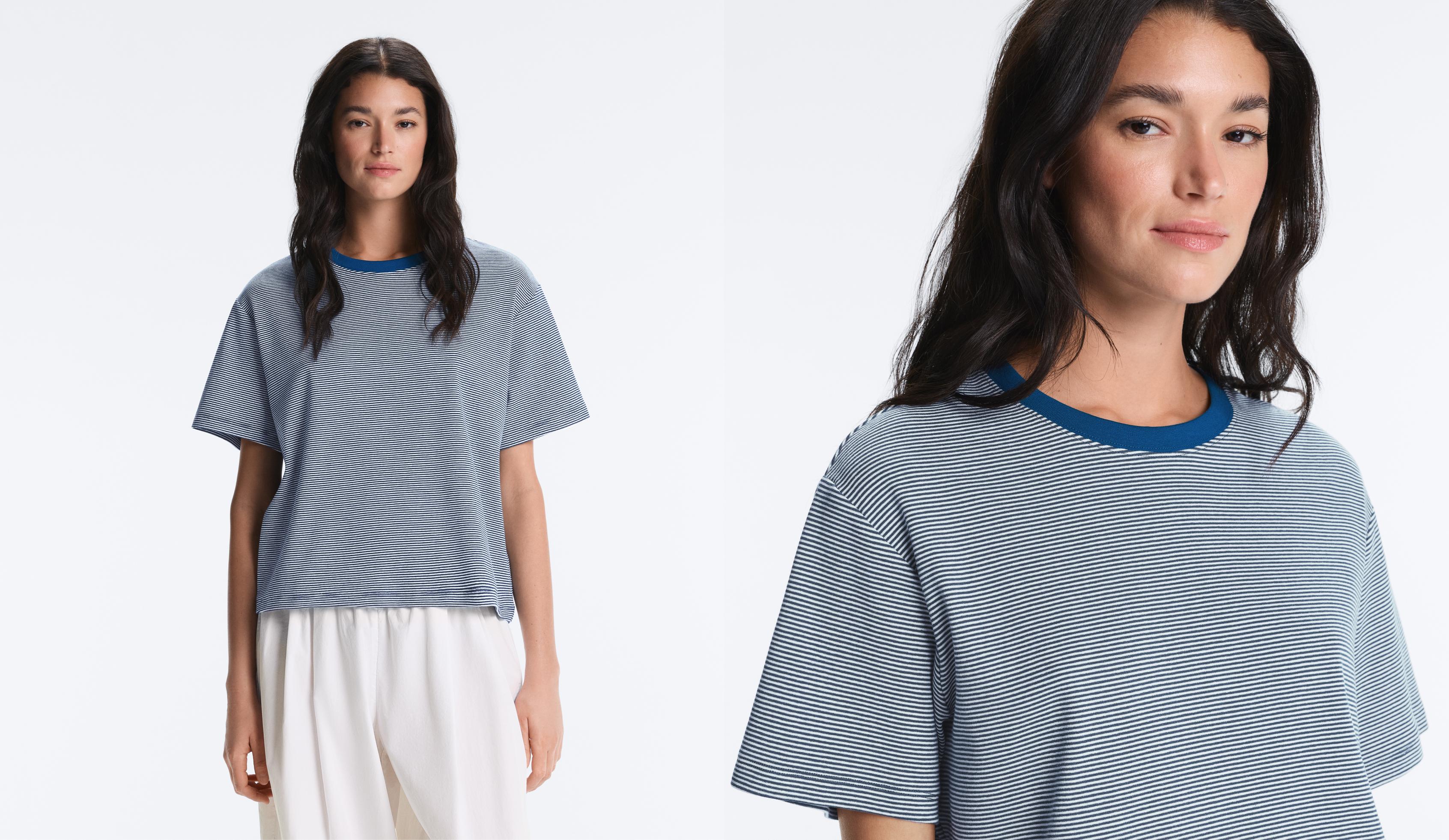 Striped boxy short sleeve cotton blend T-shirt — NAVY BLUE