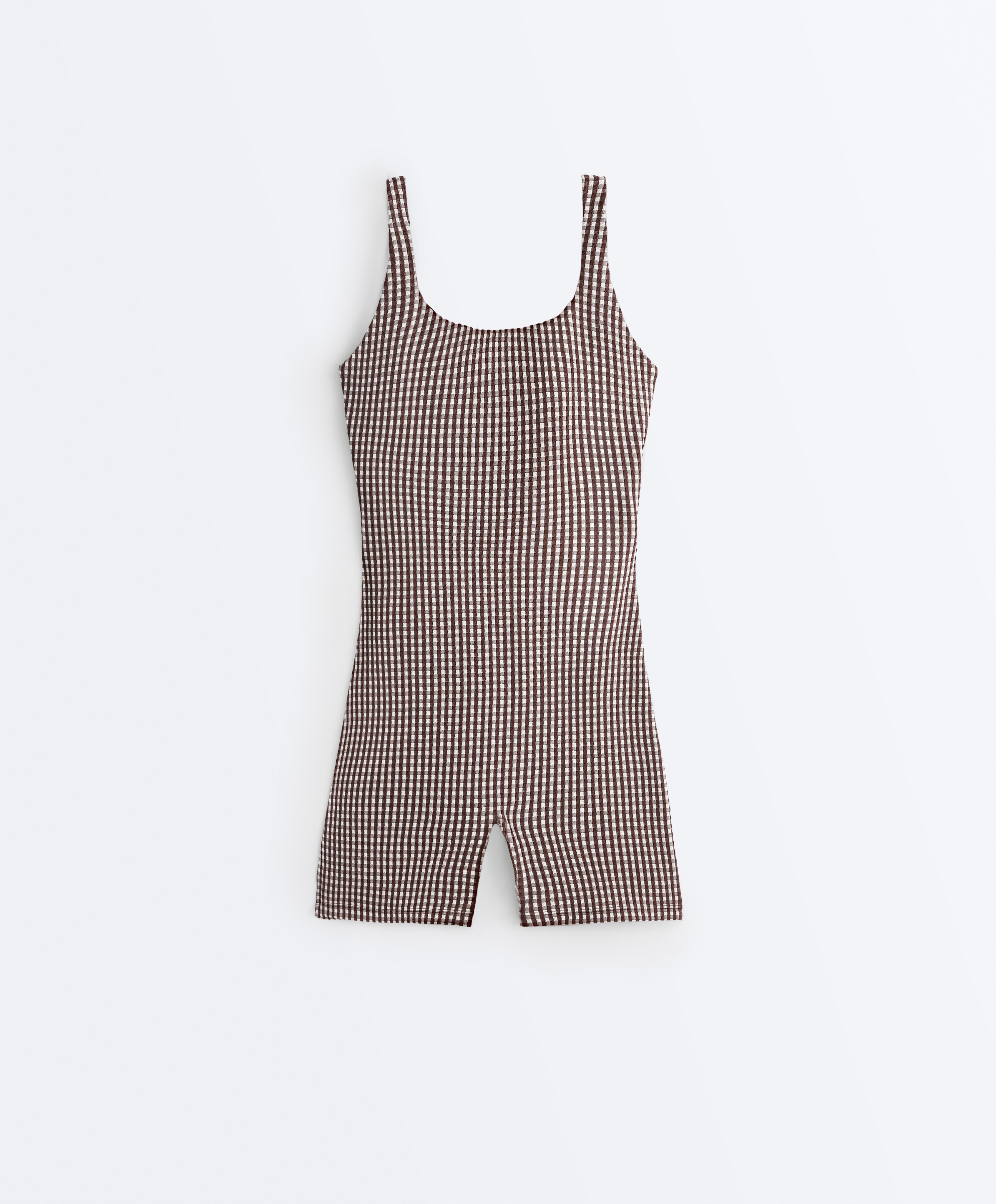 Comfortlux gingham short jumpsuit — DARK REDDISH‑BROWN