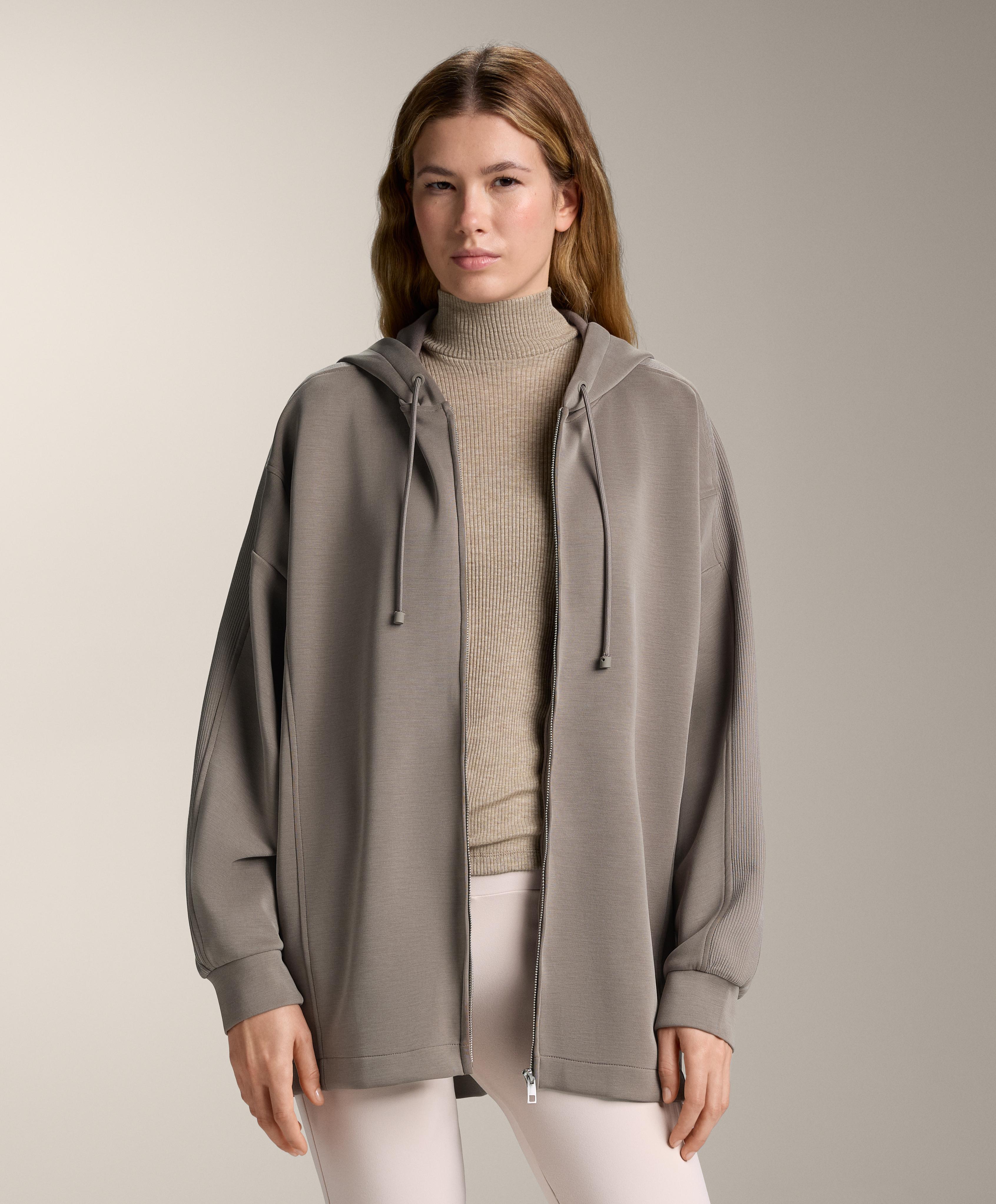 Long hooded jacket with ribbed detail and brushed modal - Sale