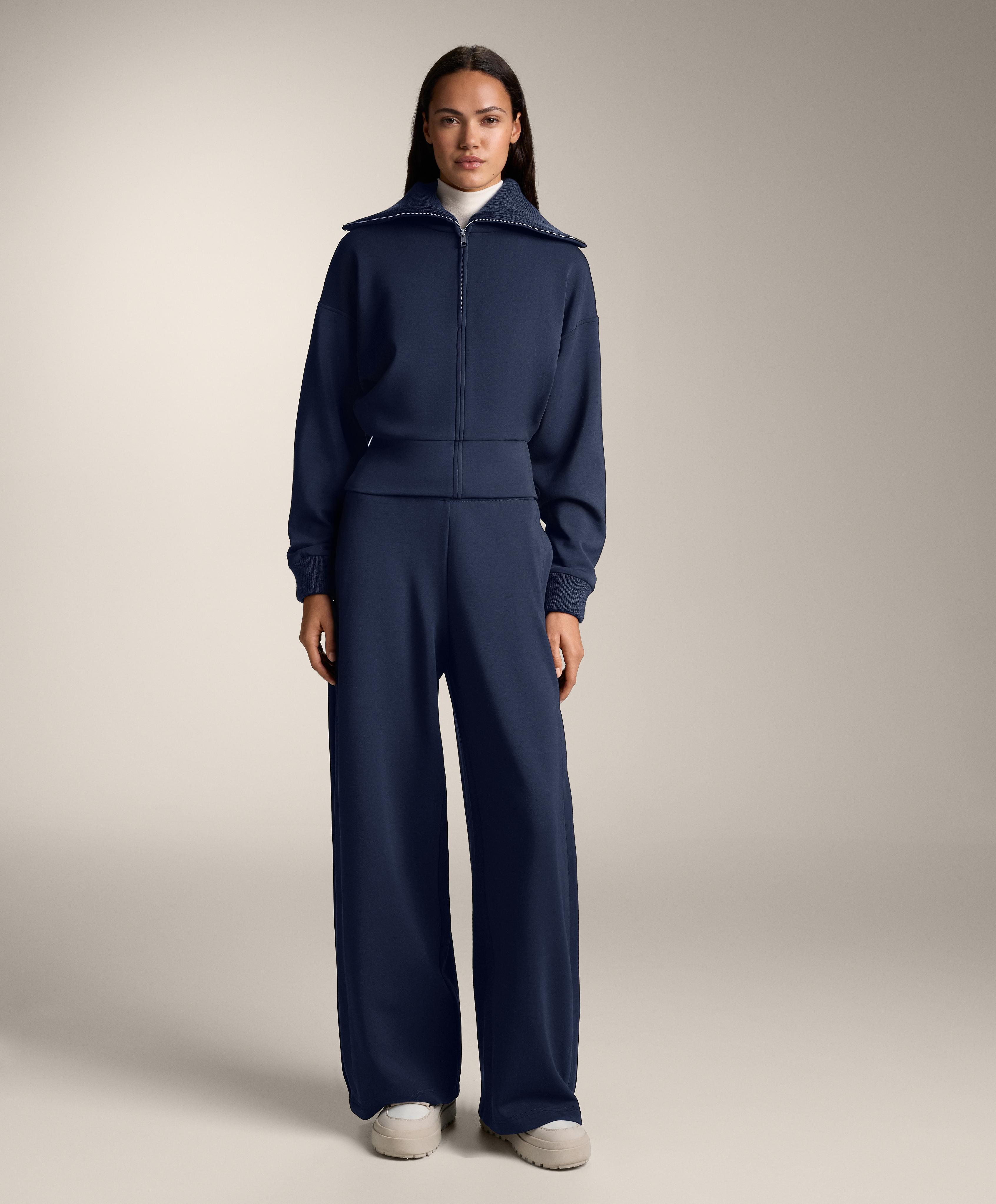 Fitted waist knit collar jacket with brushed modal — NAVY BLUE