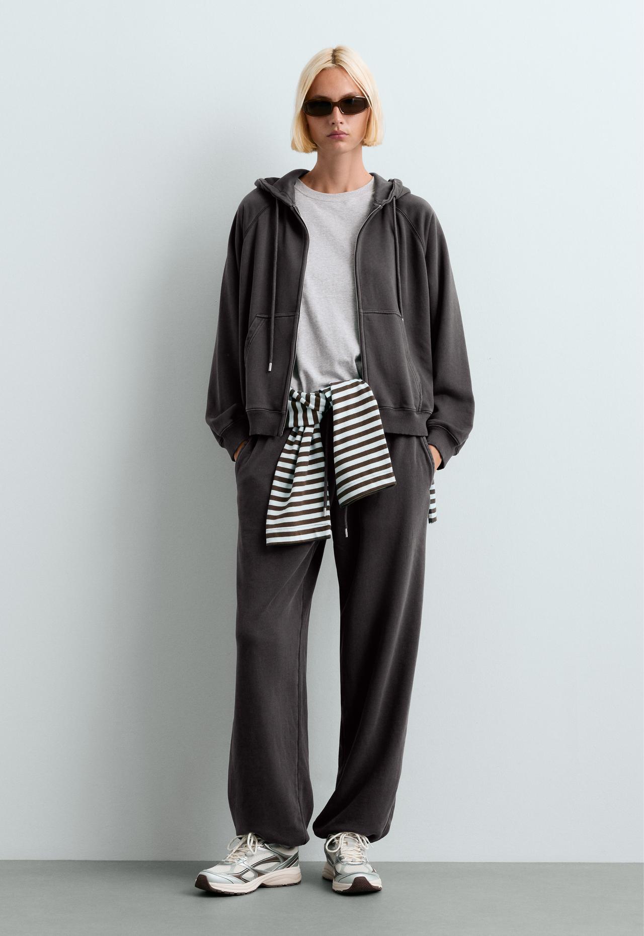 Fleece hooded sweatshirt in cotton blend with zip — DARK ANTHRACITE
