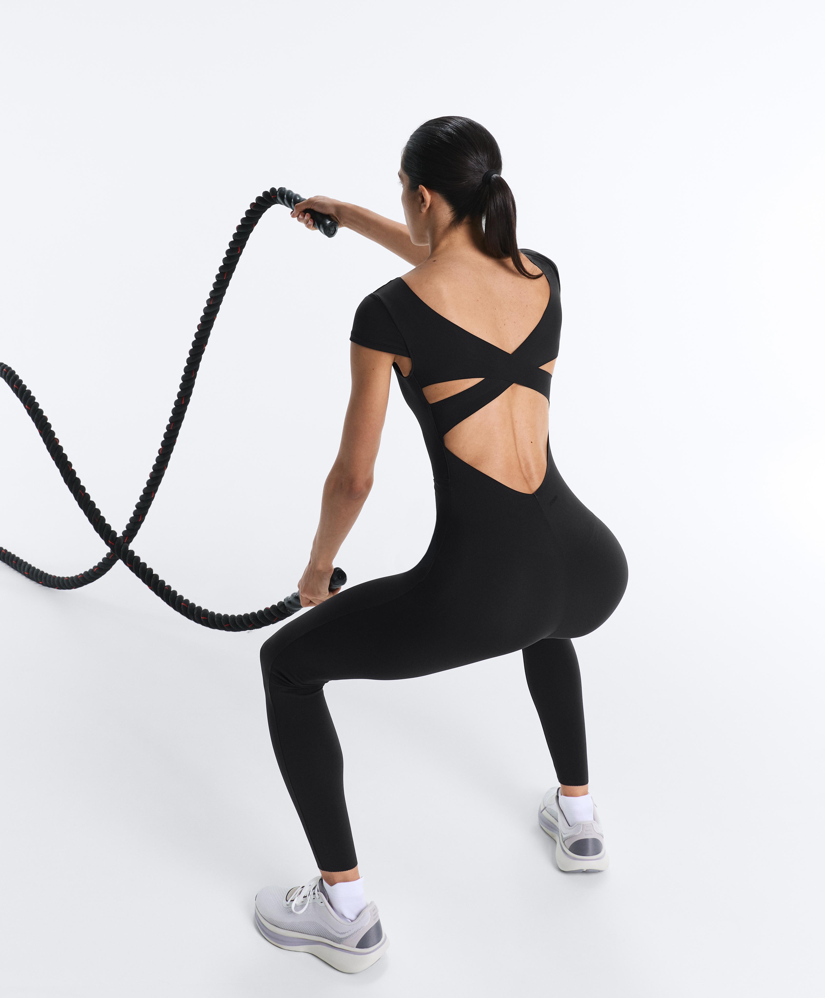 Long Compressive short sleeve jumpsuit — BLACK