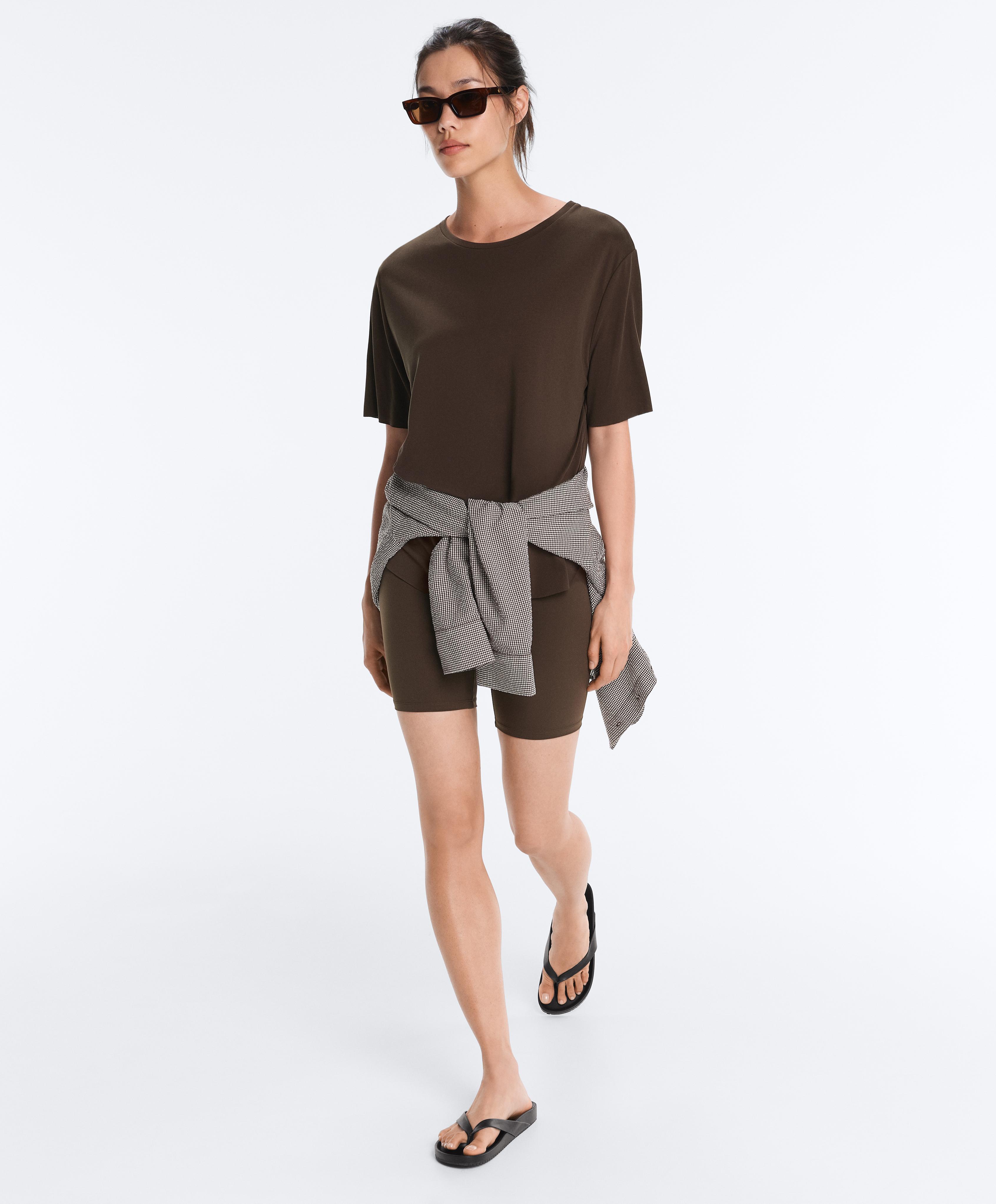 Modal blend short-sleeved rounded back T-shirt — DARK BROWN