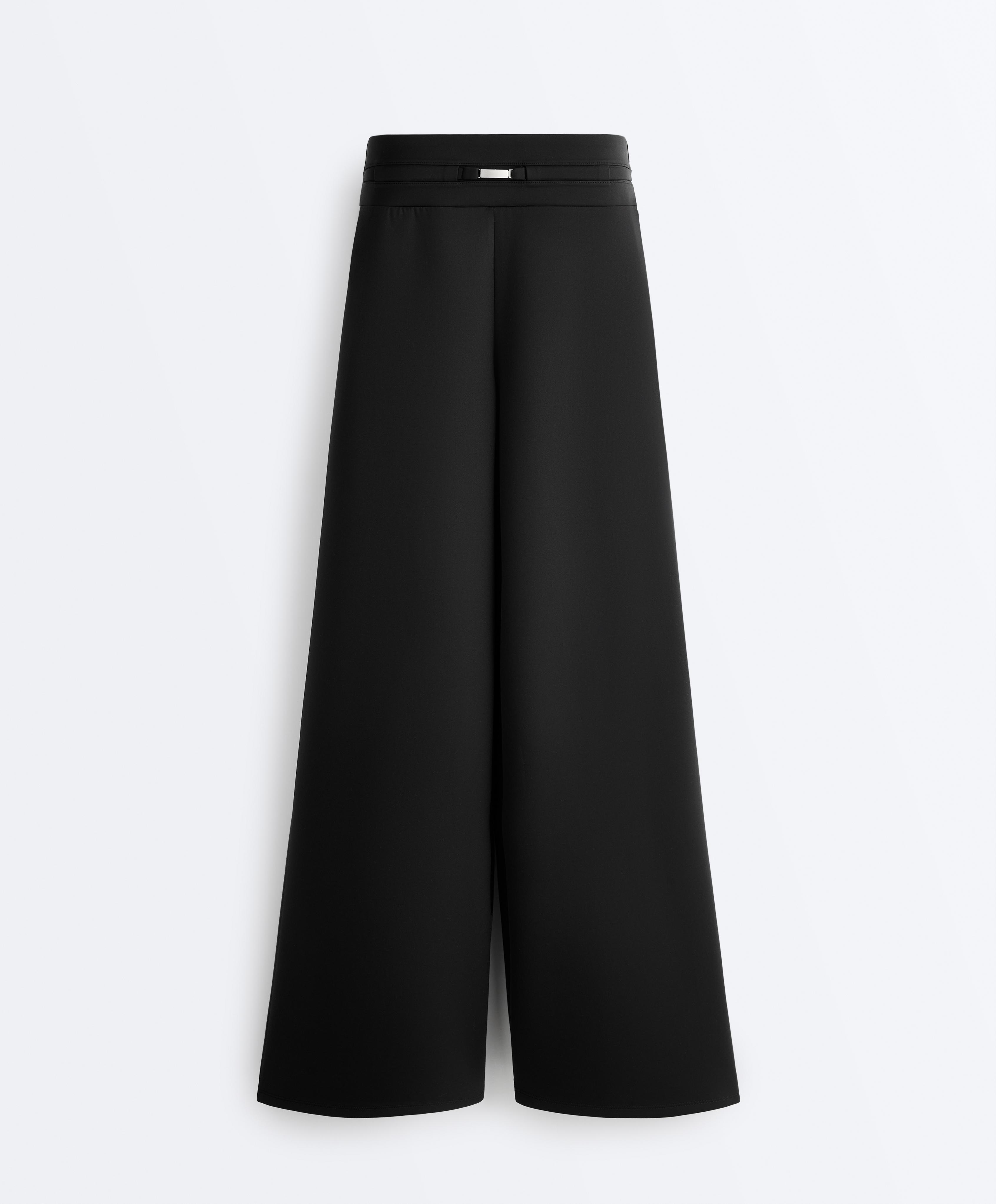 Neoprene-effect wide-leg trousers — BLACK
