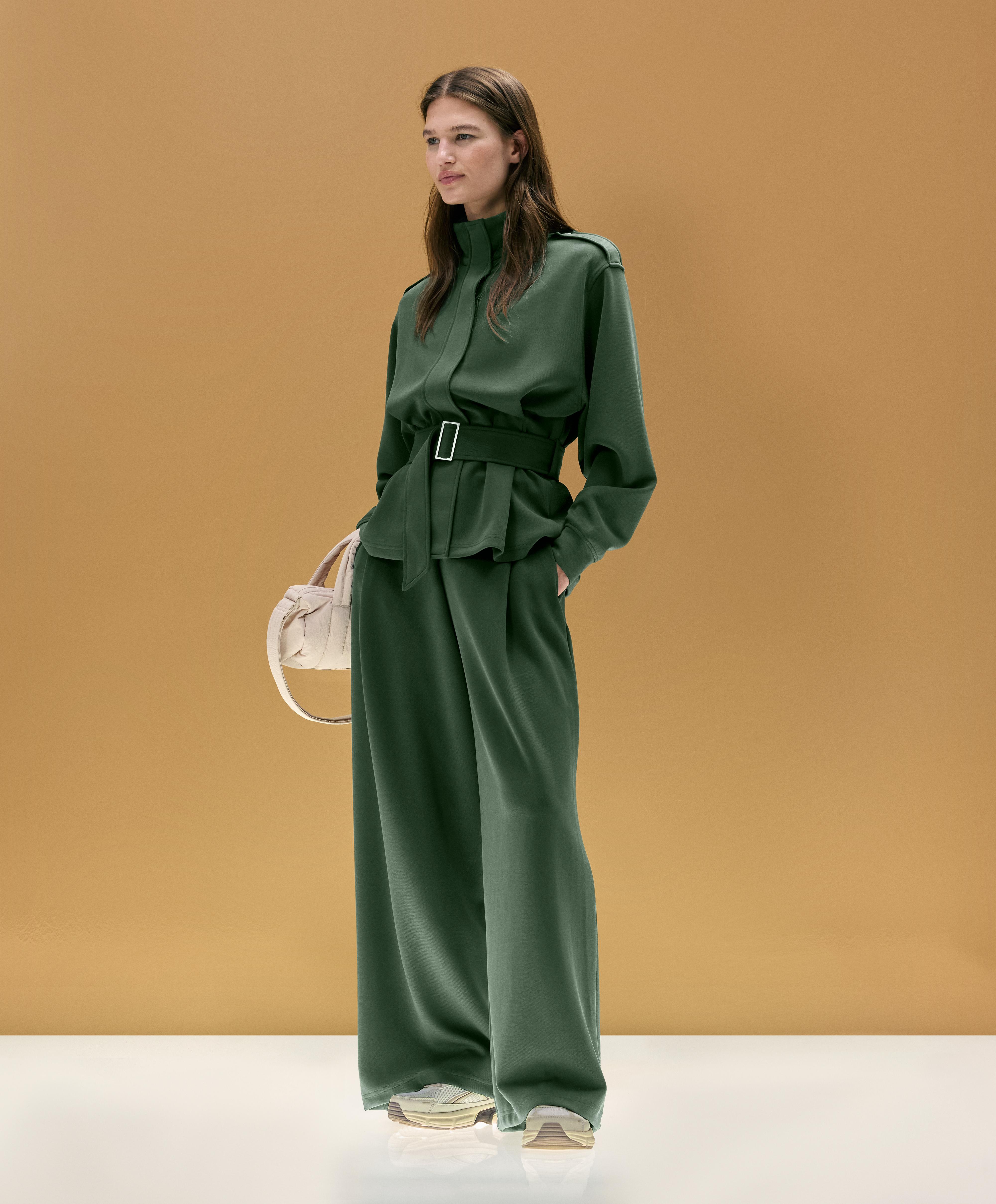 High rise twill wide-leg trousers with pleats — GREEN